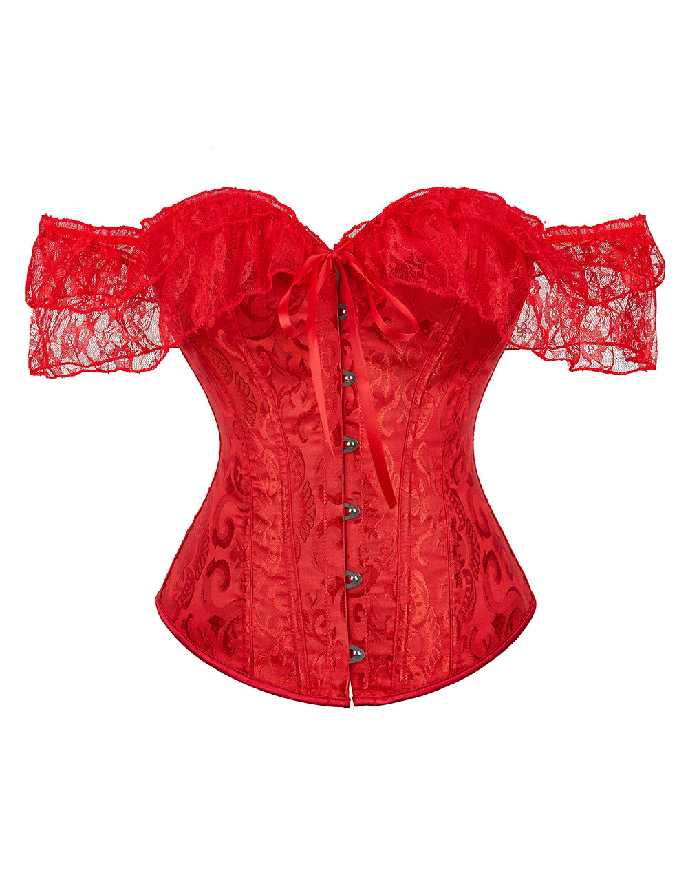 Red off Shoulder 12 Pieces Plastic Bones Lace Corsets with Panties
