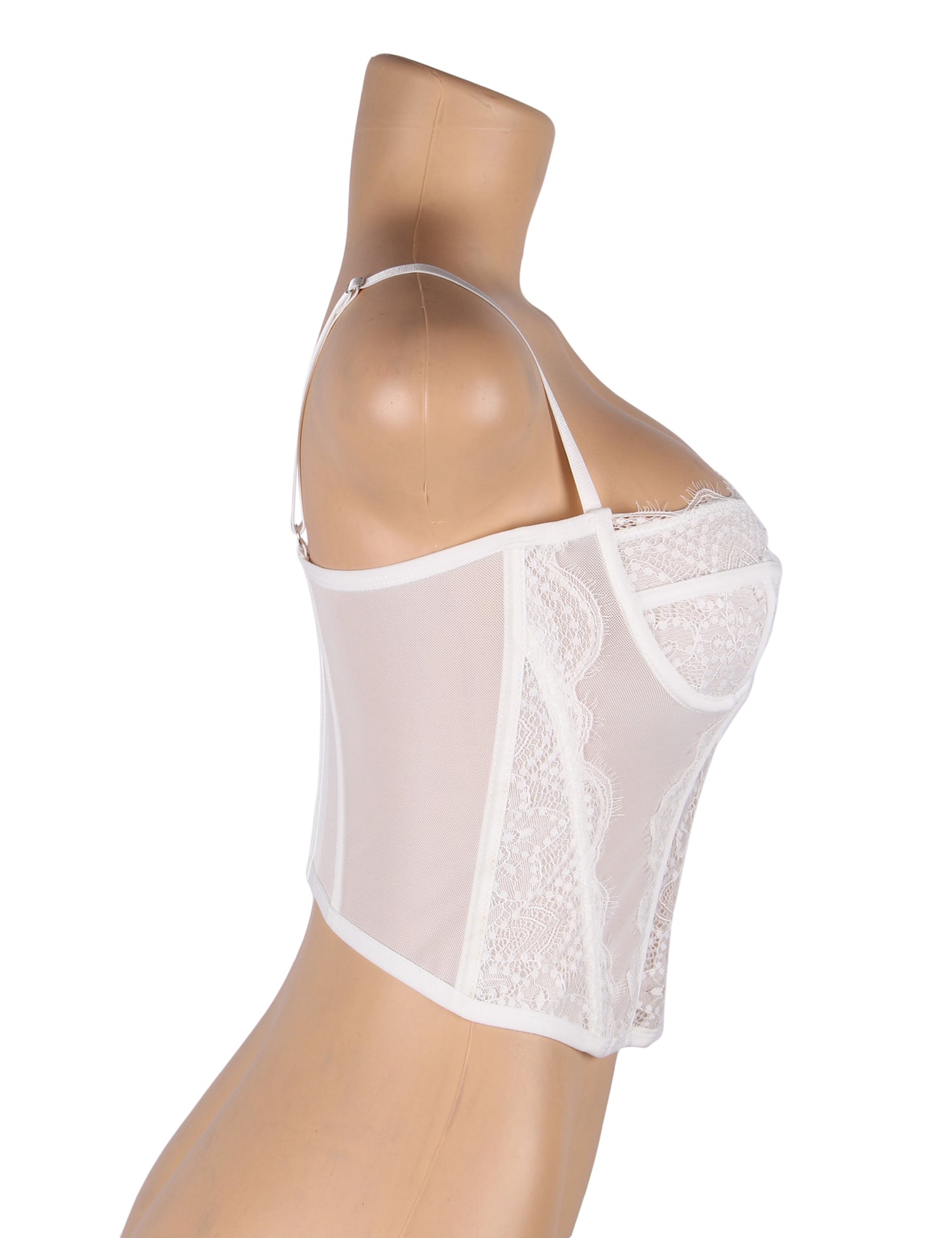 Weißes, sexy Spitzen-Strumpfhalter-BH-Top mit 9 Stäben