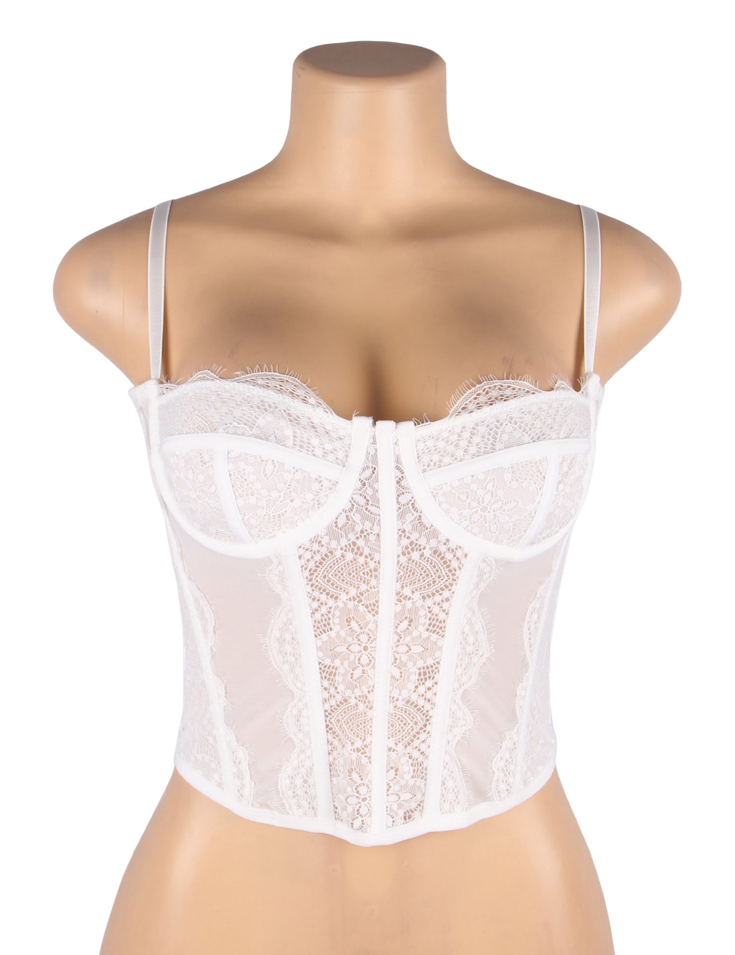 Weißes, sexy Spitzen-Strumpfhalter-BH-Top mit 9 Stäben