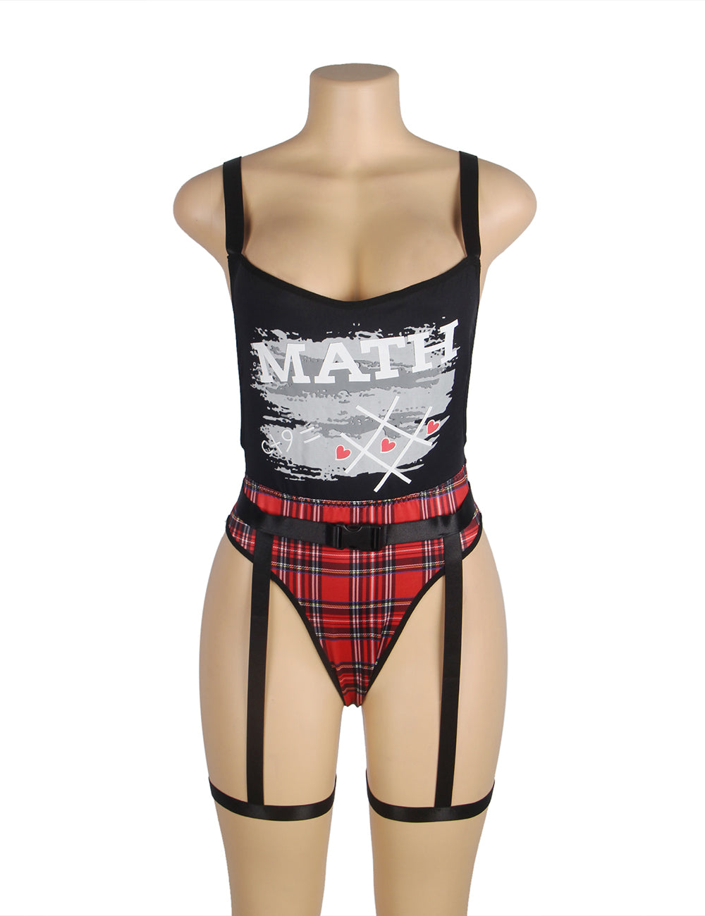 Black Double Shoulder Straps Red Plaid Bodysuit Costume with Wait Belt