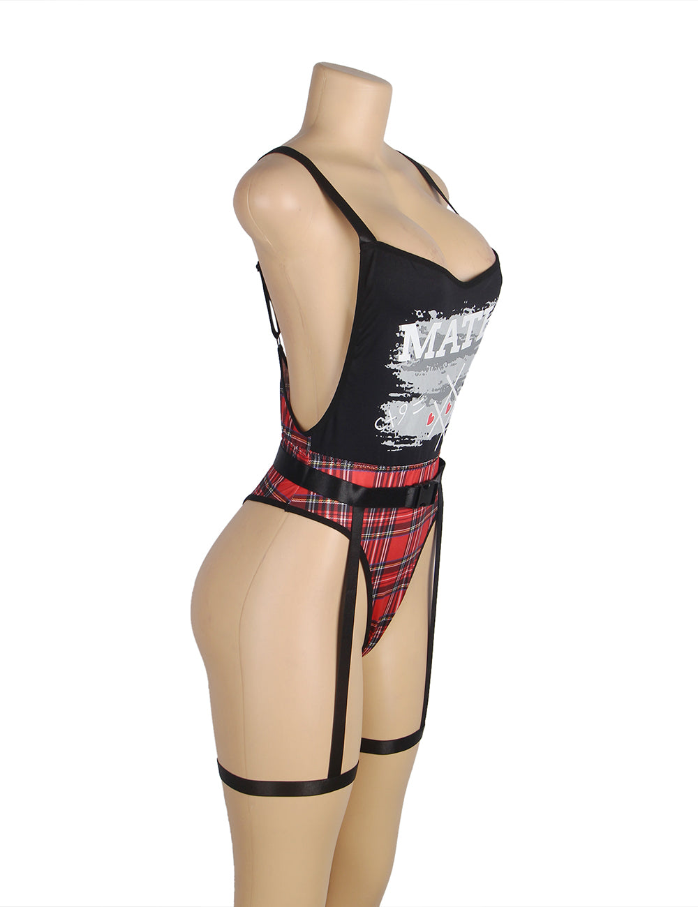 Black Double Shoulder Straps Red Plaid Bodysuit Costume with Wait Belt
