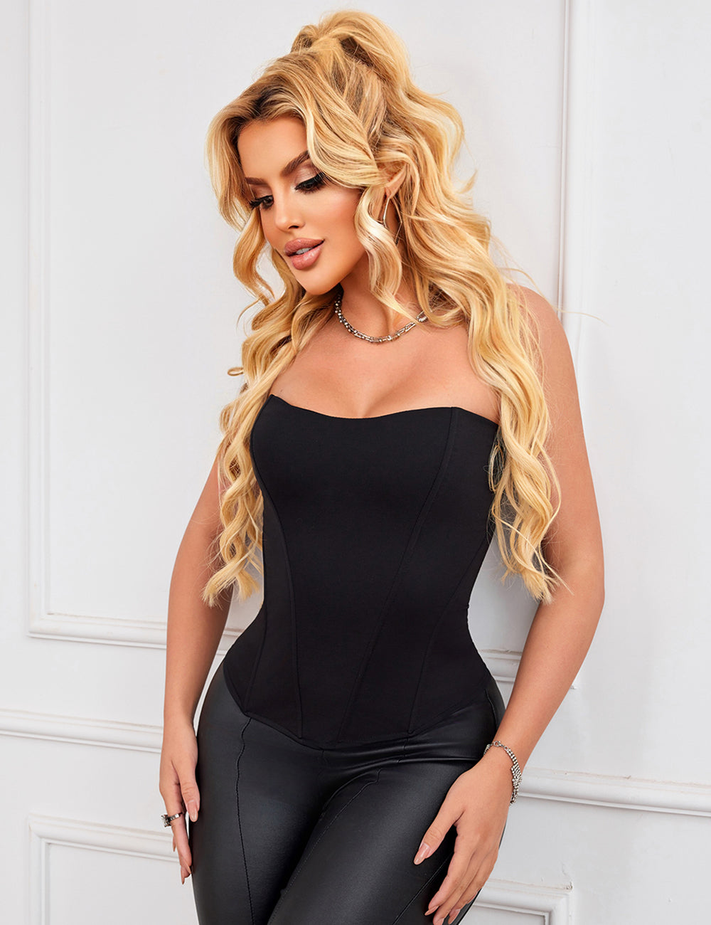 6-teiliges Korsett im Palaststil mit Kunststoffstäben, schwarz, sexy, trägerlos, mit Reißverschluss