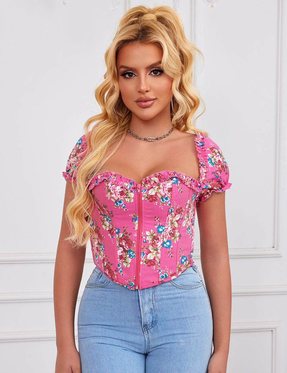 8 Pieces Plastic Bones Pink Sexy Puff Sleeves Printed Palace Style Corset