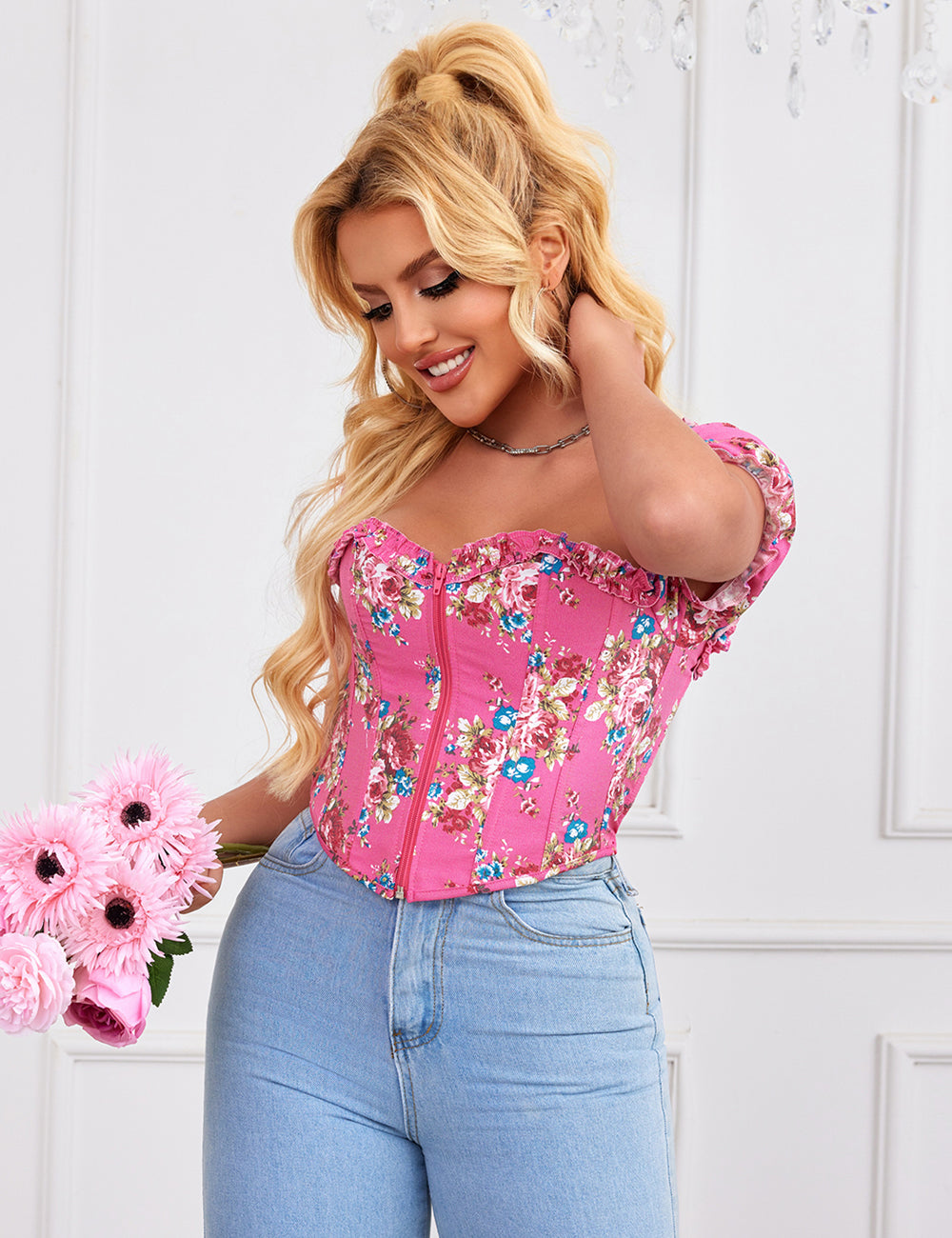 8 Pieces Plastic Bones Pink Sexy Puff Sleeves Printed Palace Style Corset