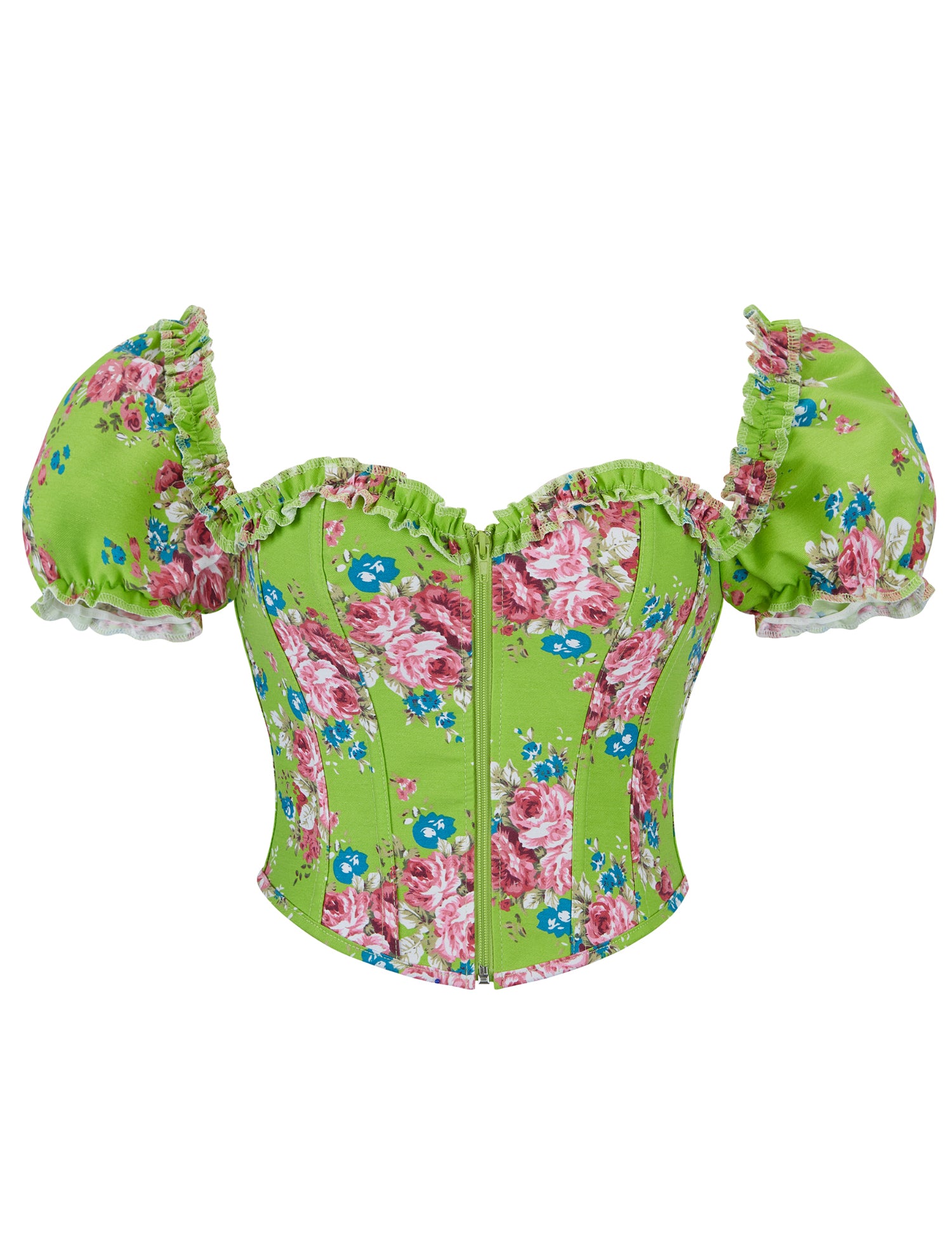 8 Pieces Plastic Bones Green Sexy Puff Sleeves Printed Palace Style Corset