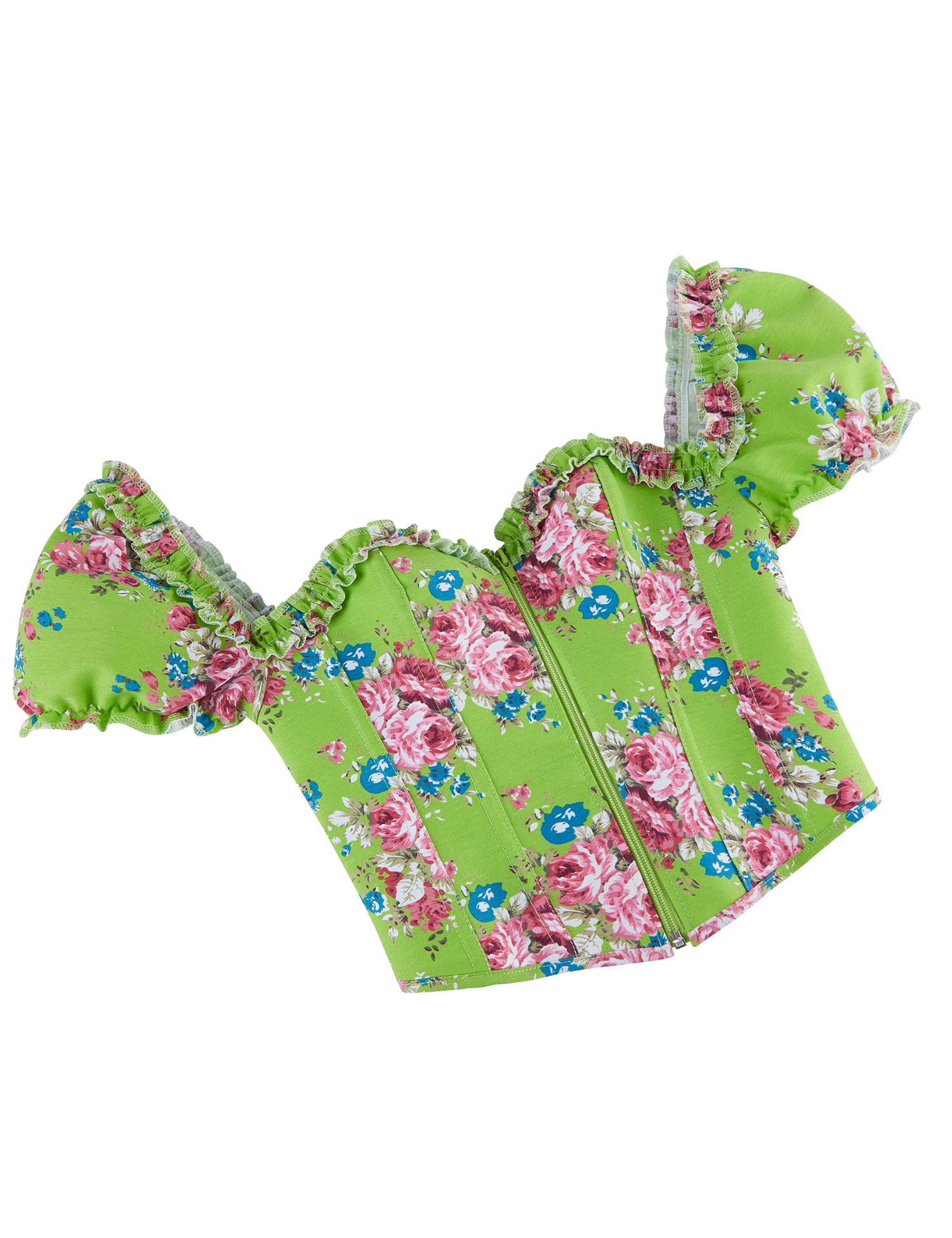 8 Pieces Plastic Bones Green Sexy Puff Sleeves Printed Palace Style Corset