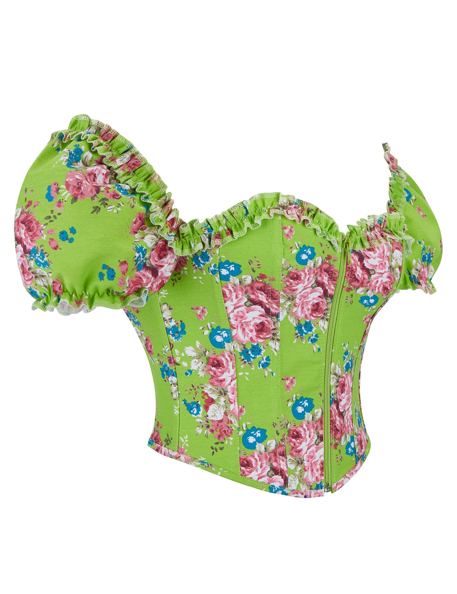 8 Pieces Plastic Bones Green Sexy Puff Sleeves Printed Palace Style Corset