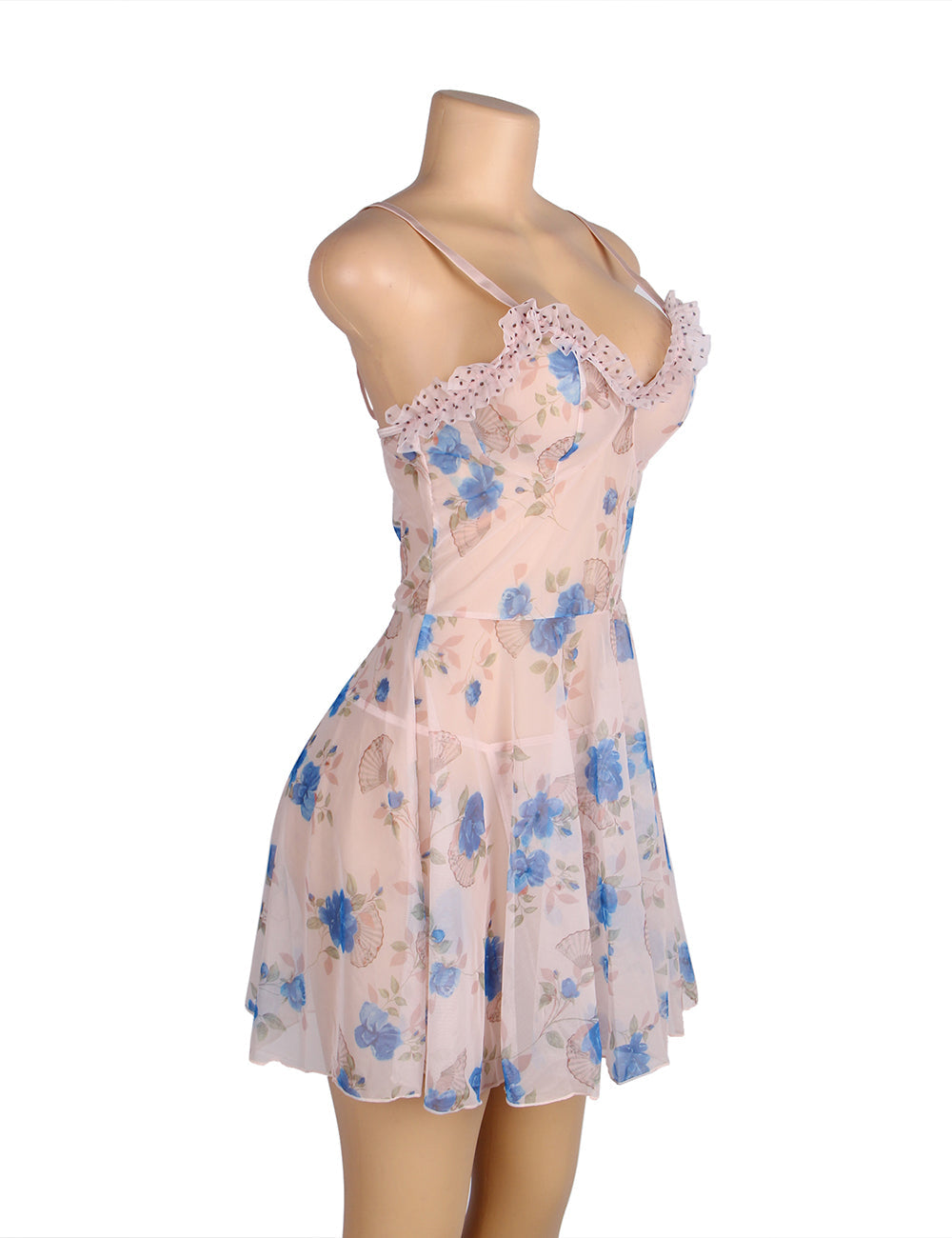 Blue Floral Transparent Sexy Babydoll with G string