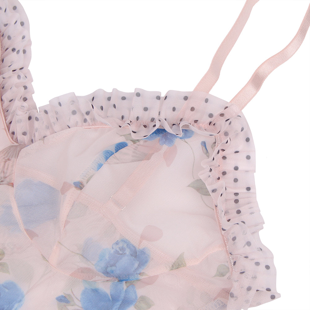 Blue Floral Transparent Sexy Babydoll with G string