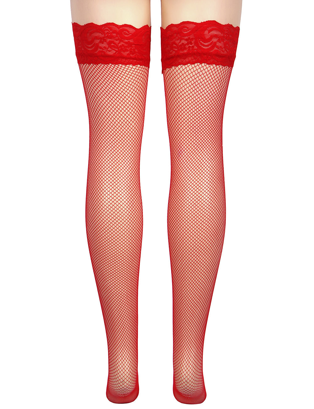 Red Fishnets Thigh High stockings Silicone Lace Top Stay Up Sheer Nylon Hosiery
