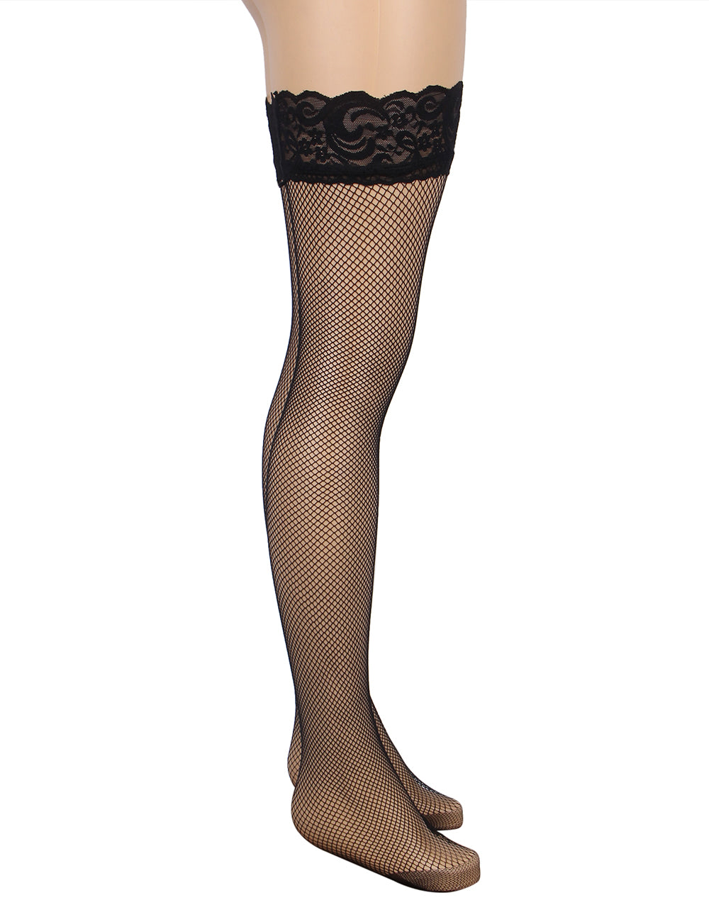 Black Fishnets Thigh High Stockings Silicone Lace Top Stay Up Sheer Hosiery