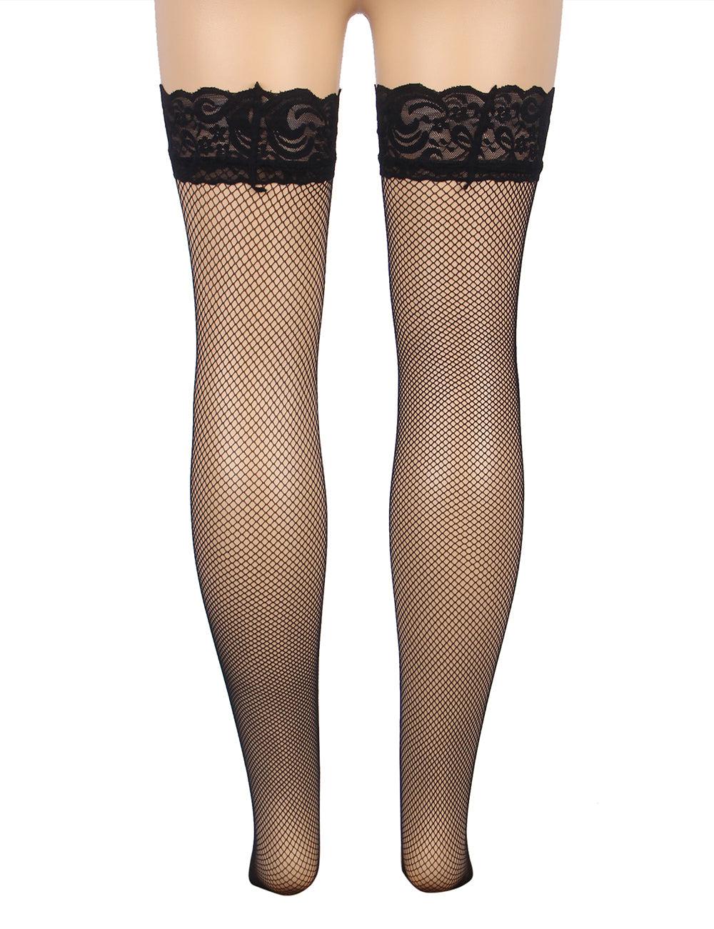 Black Fishnets Thigh High Stockings Silicone Lace Top Stay Up Sheer Hosiery