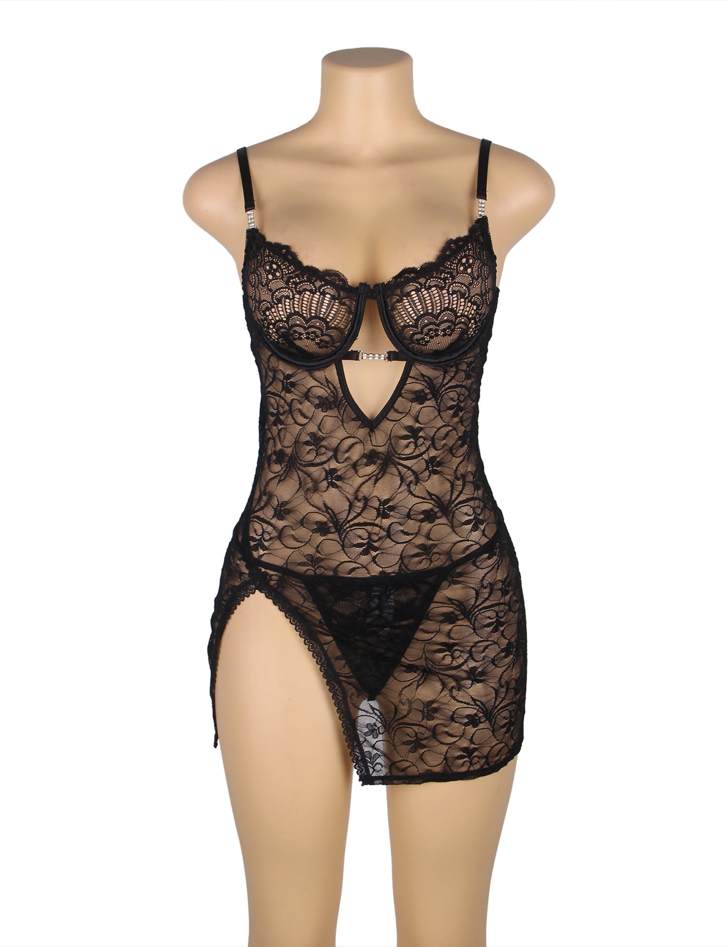 Black Lace With Underwire Adjustable Straps Babydoll