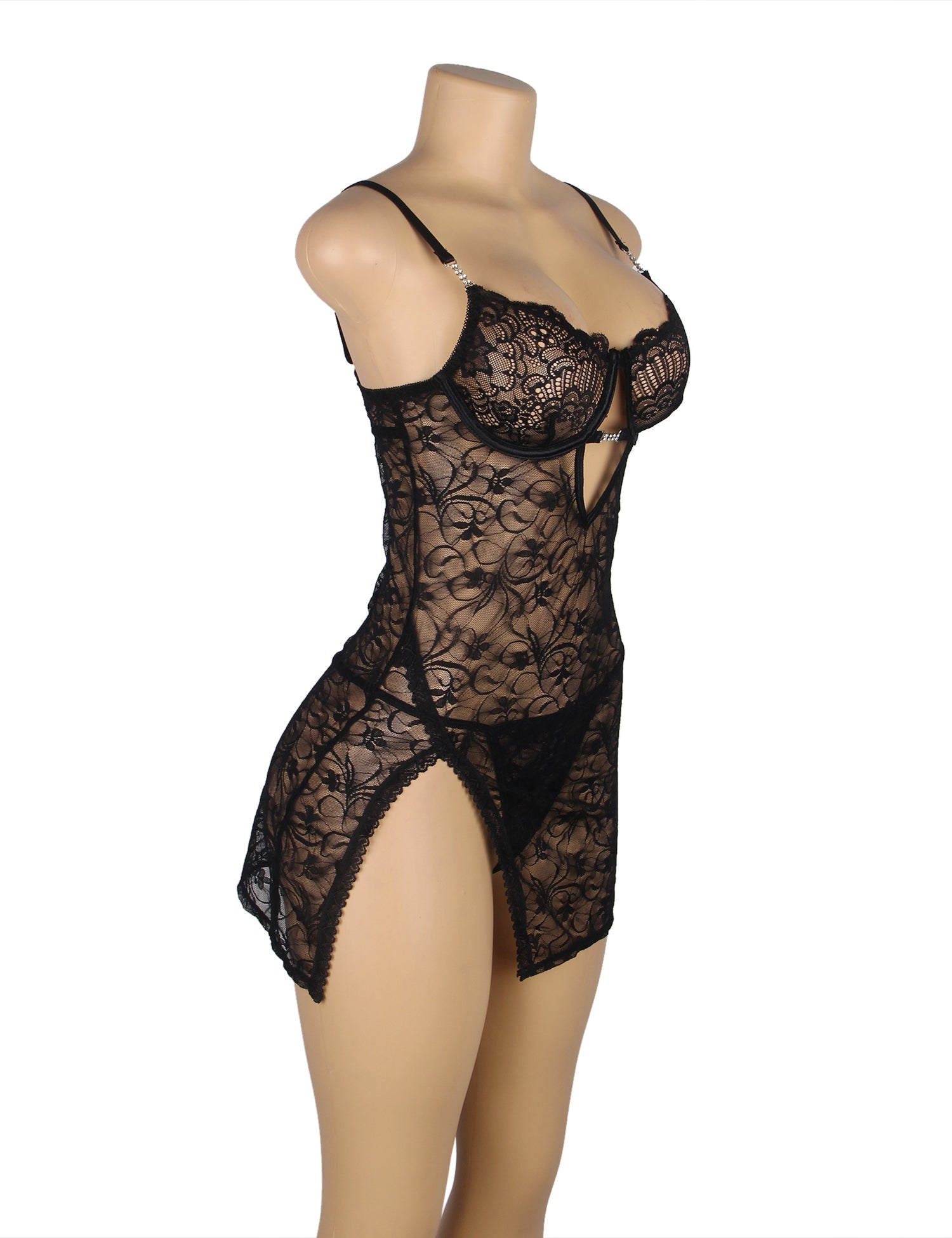 Black Lace With Underwire Adjustable Straps Babydoll