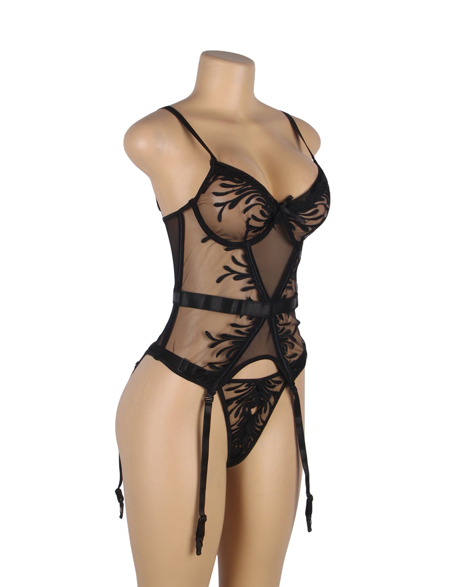 Elegante Strumpfband-Dessous mit Stickerei und langer Reihe von Rückenschnallen