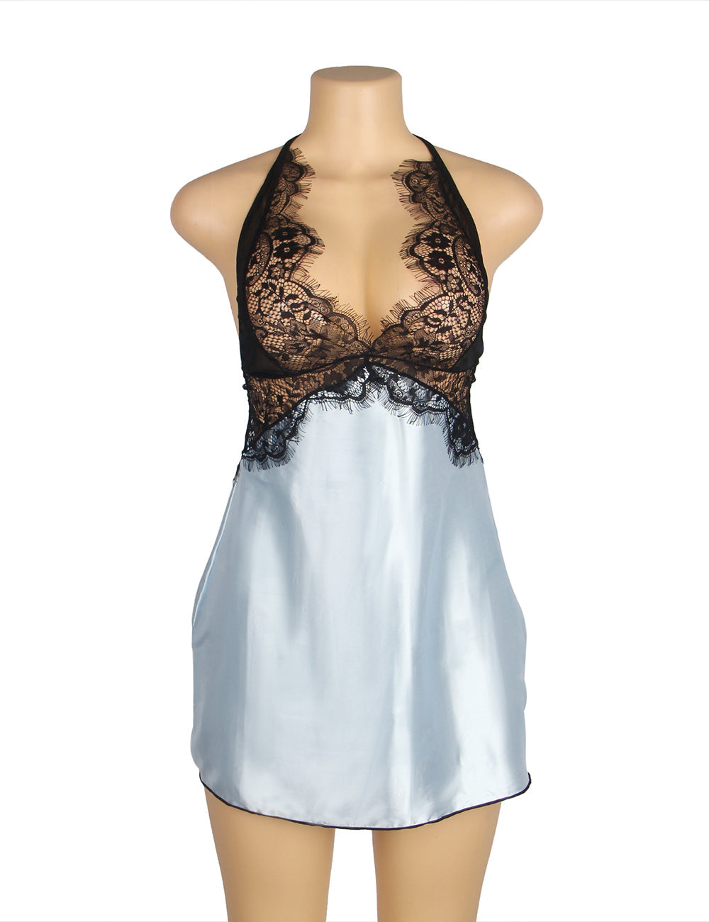 Robe de lingerie bleue sexy à décolleté plongeant et dos nu
