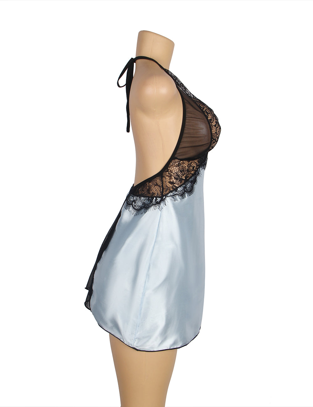 Robe de lingerie bleue sexy à décolleté plongeant et dos nu