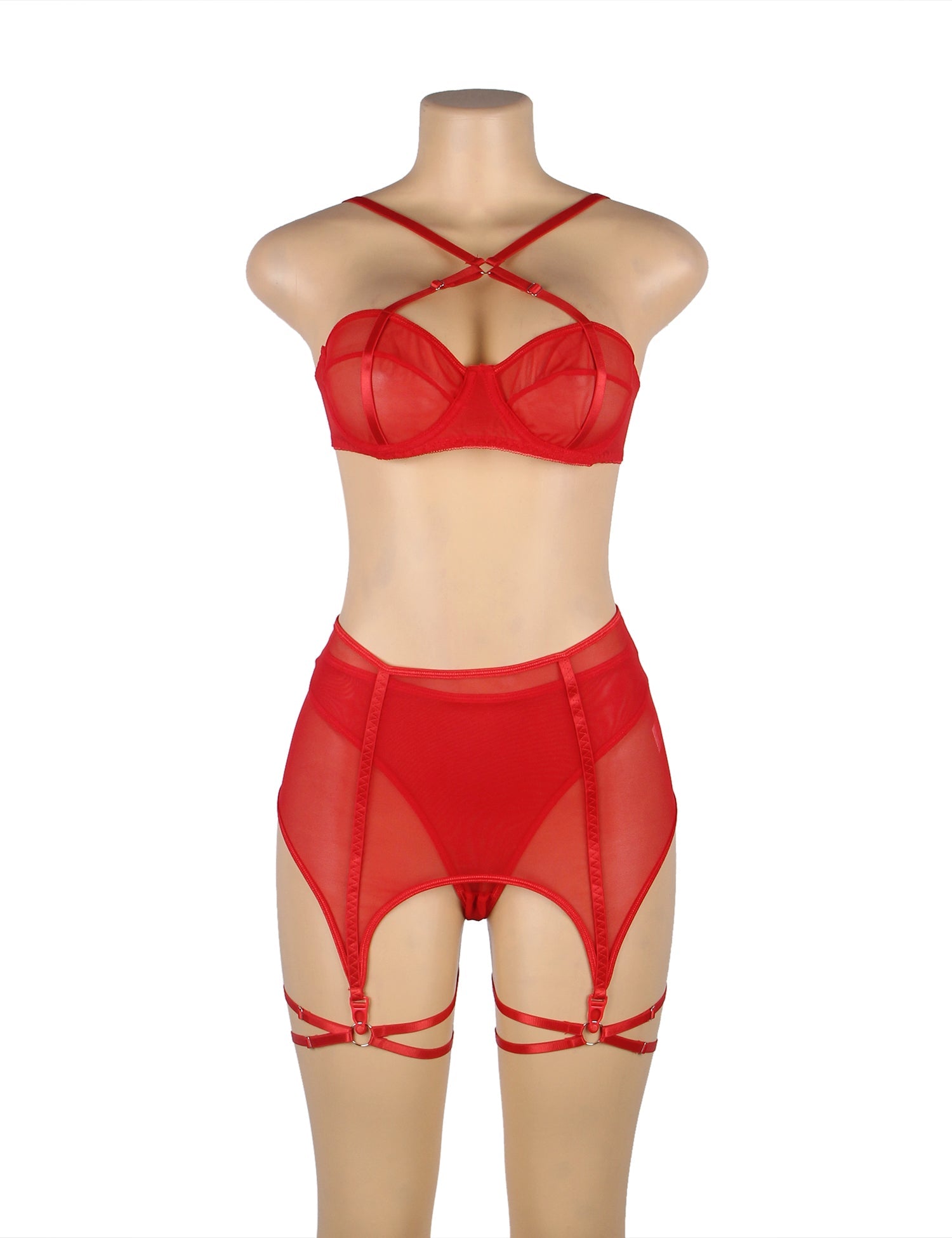 Red Mesh Underwire Garter Lingerie Set