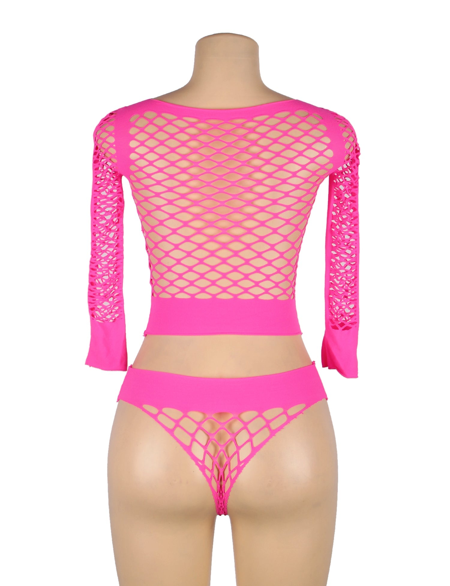 Body rose à manches longues deux pièces avec haut court et bas en résille