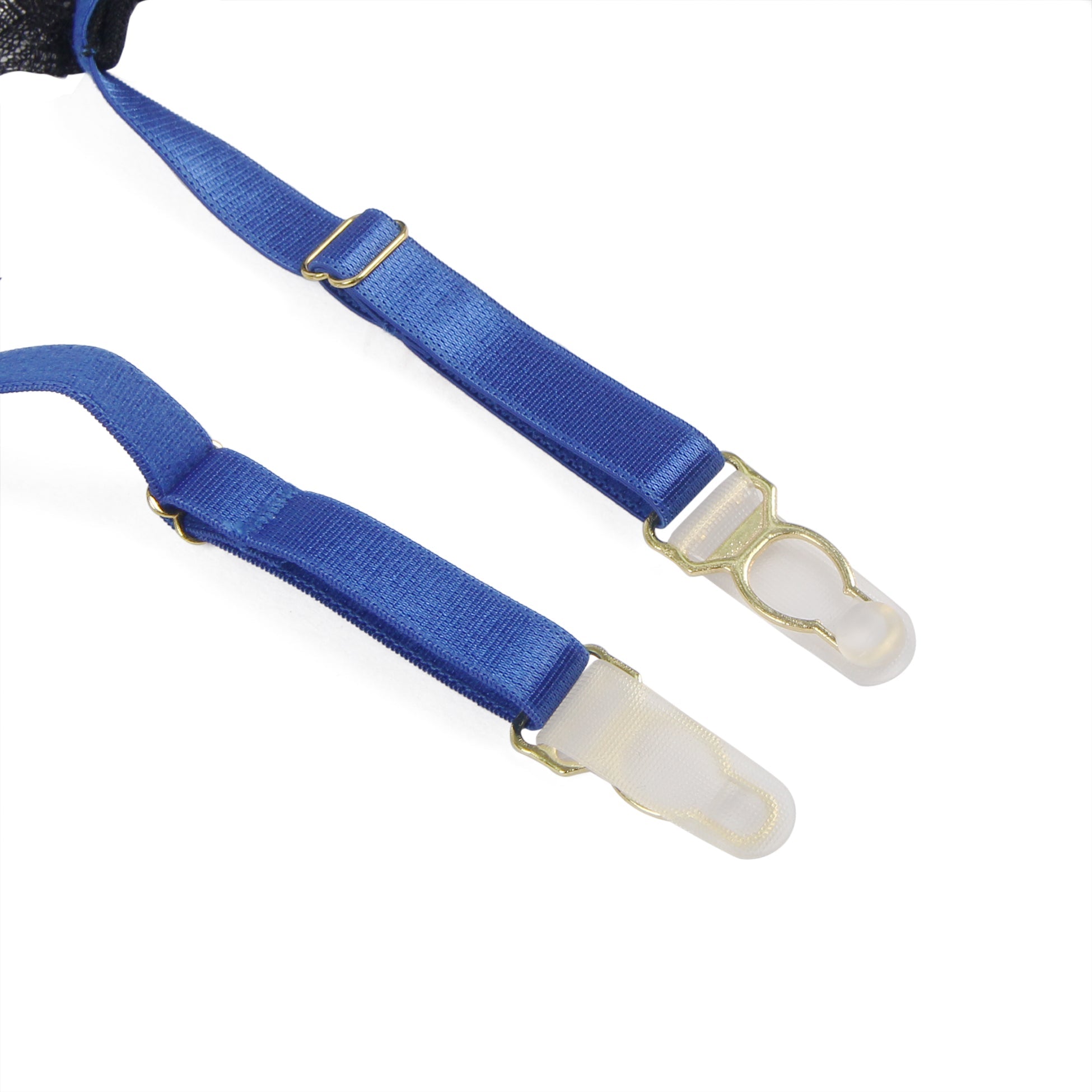 Sexy Strumpfband-Dessous aus blauem Samt mit Ziernähten und Spitze