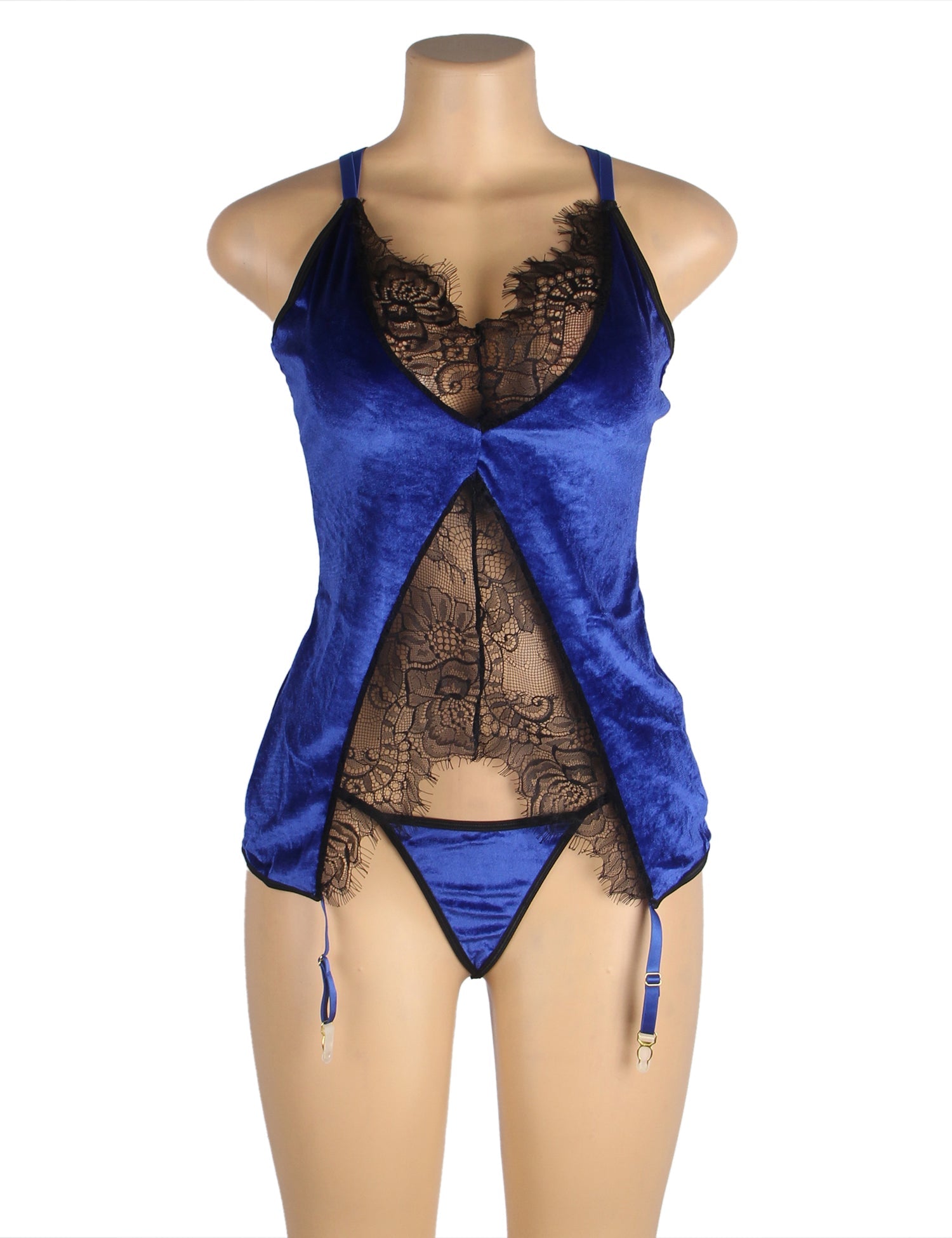 Sexy Strumpfband-Dessous aus blauem Samt mit Ziernähten und Spitze