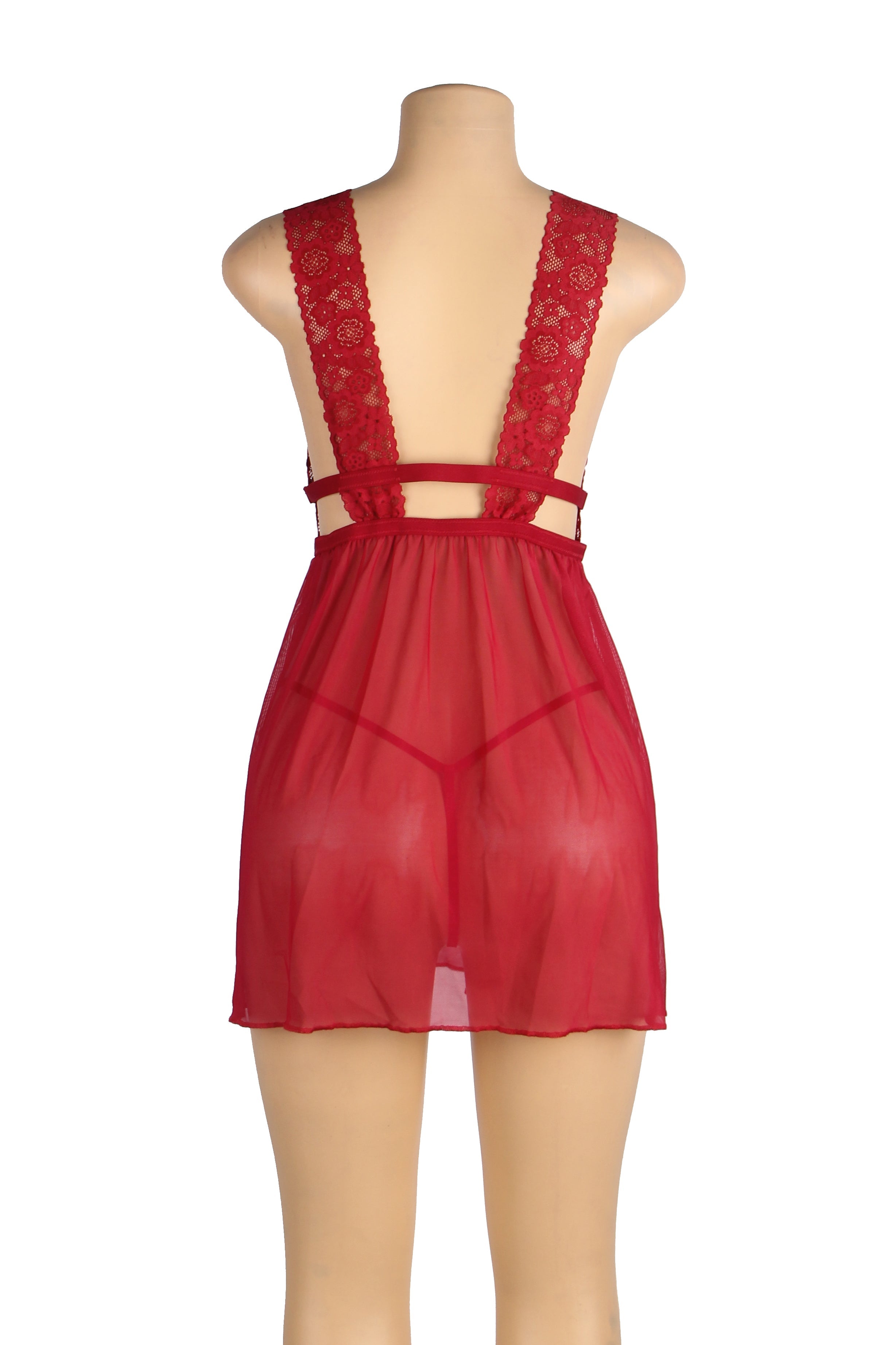 Burgundy Deep V-neck Mesh Sexy Babydoll