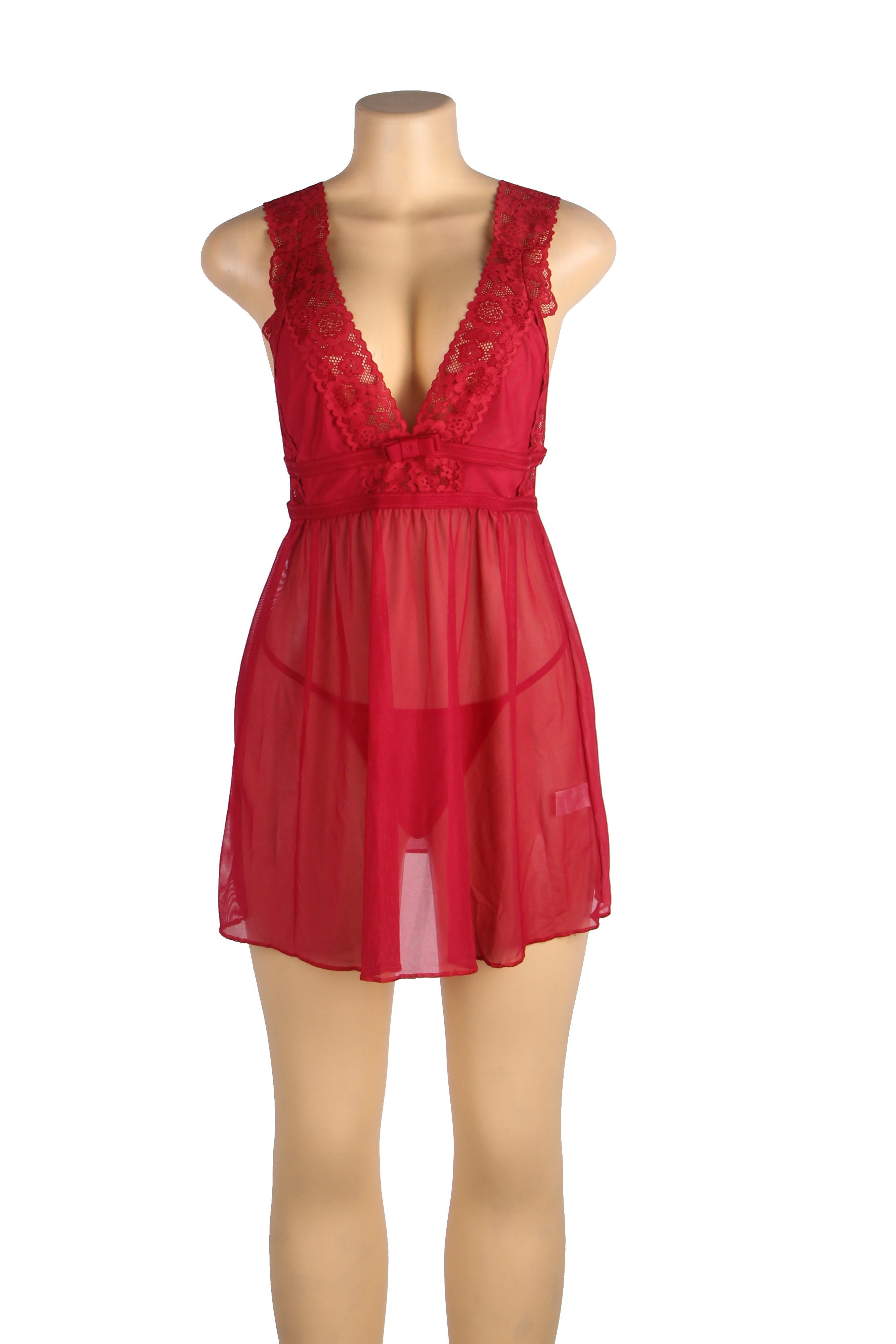 Burgundy Deep V-neck Mesh Sexy Babydoll