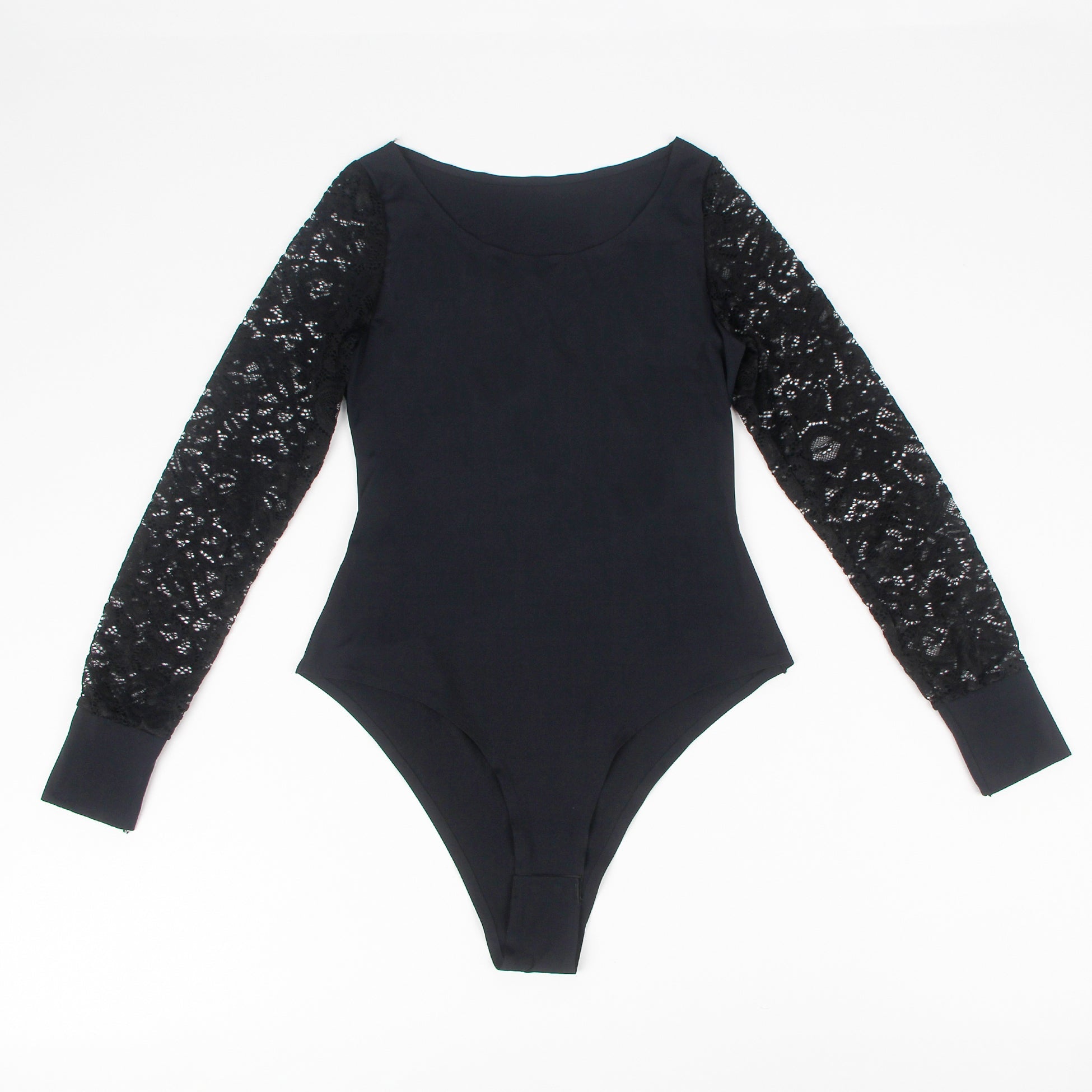 Black  Long Sleeve Openable Crotch Mesh Bodysuit