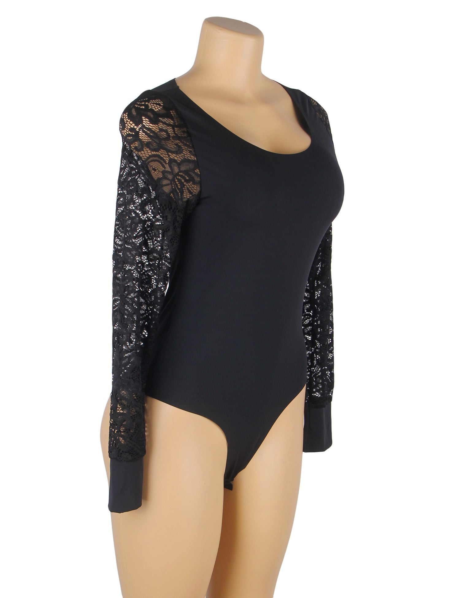 Black  Long Sleeve Openable Crotch Mesh Bodysuit