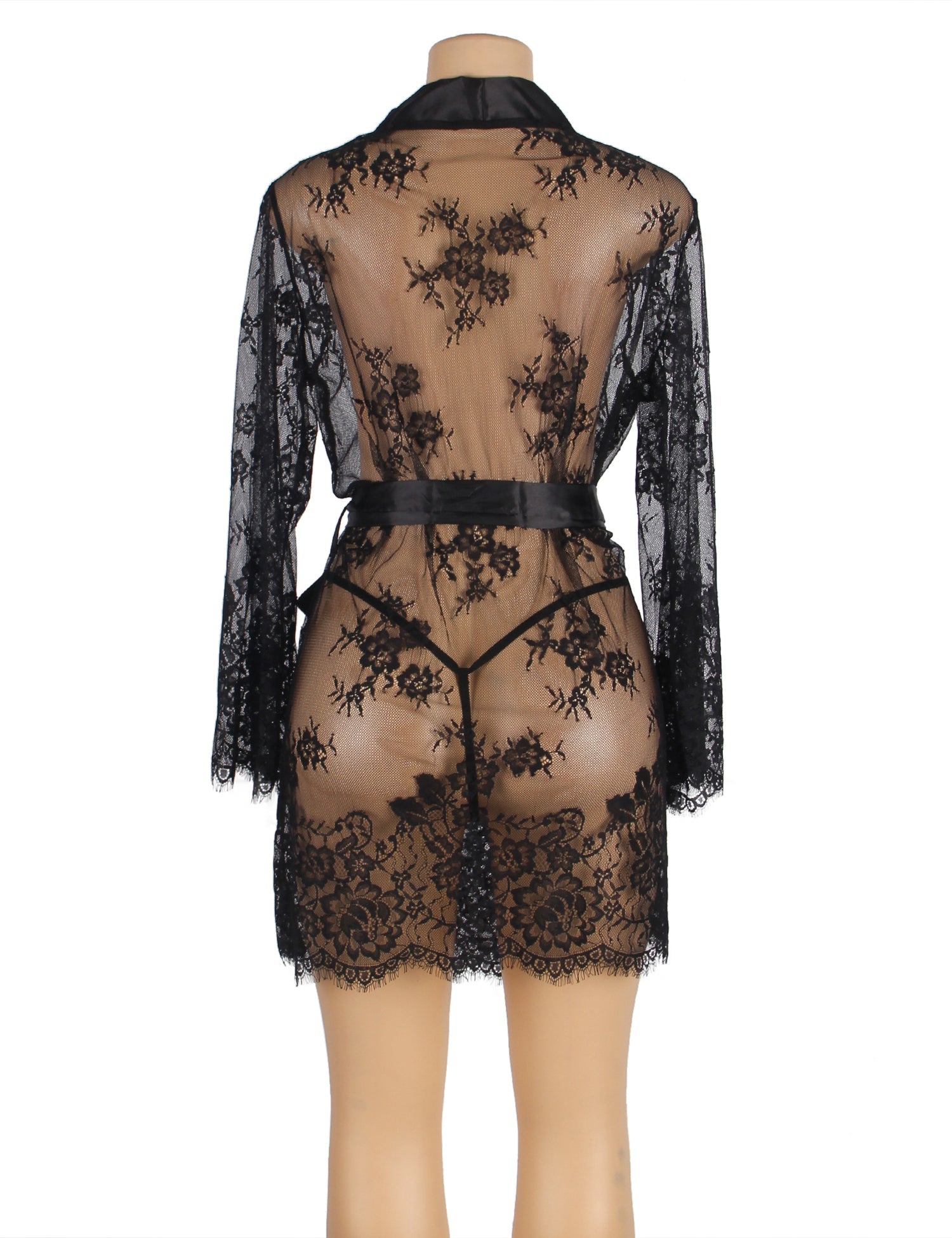 Sexy Long Sleeve Black Eyelash Lace Plus Size Short Sleepwear With Thong