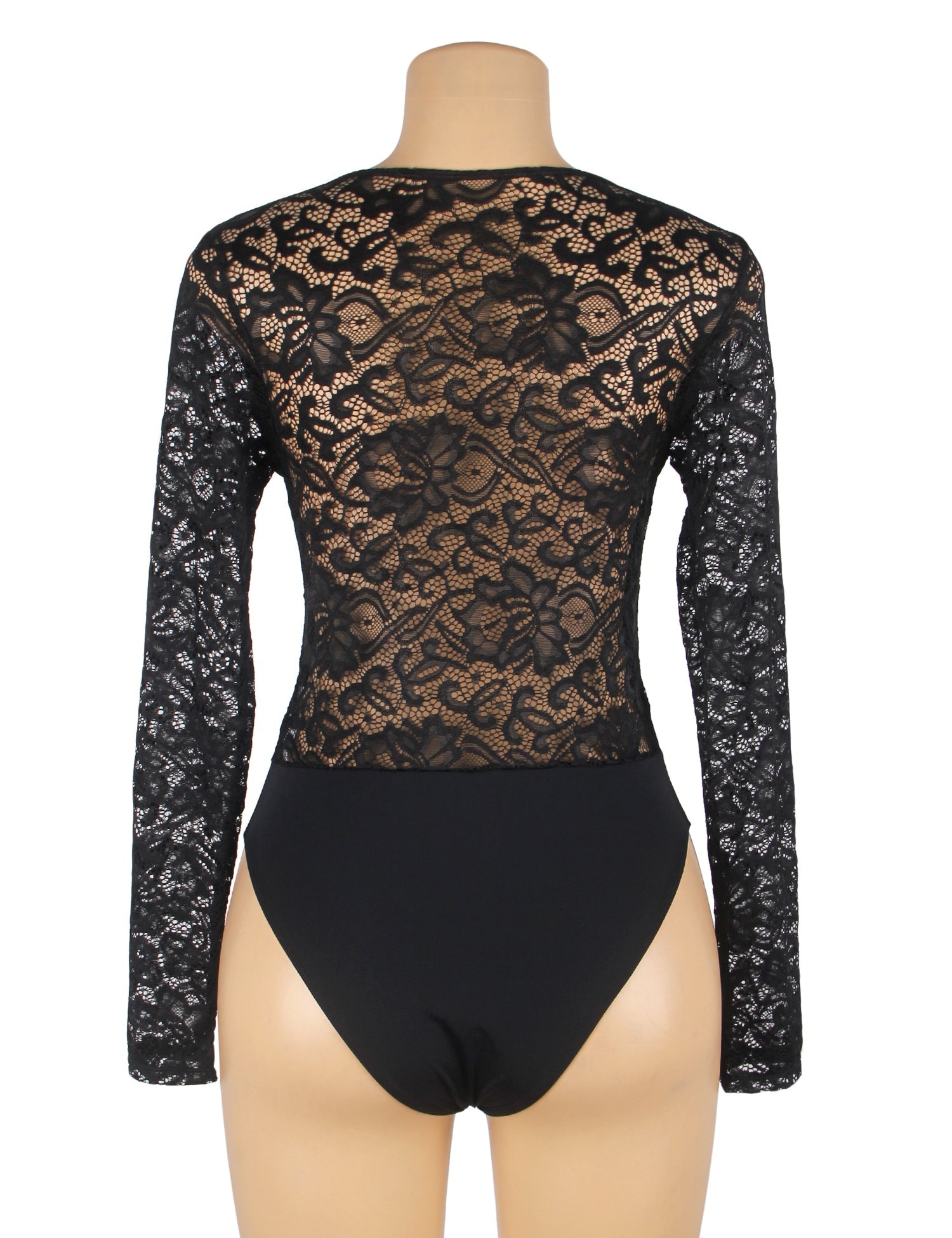 Schwarzer, langärmeliger Body aus gebürsteter Spitze