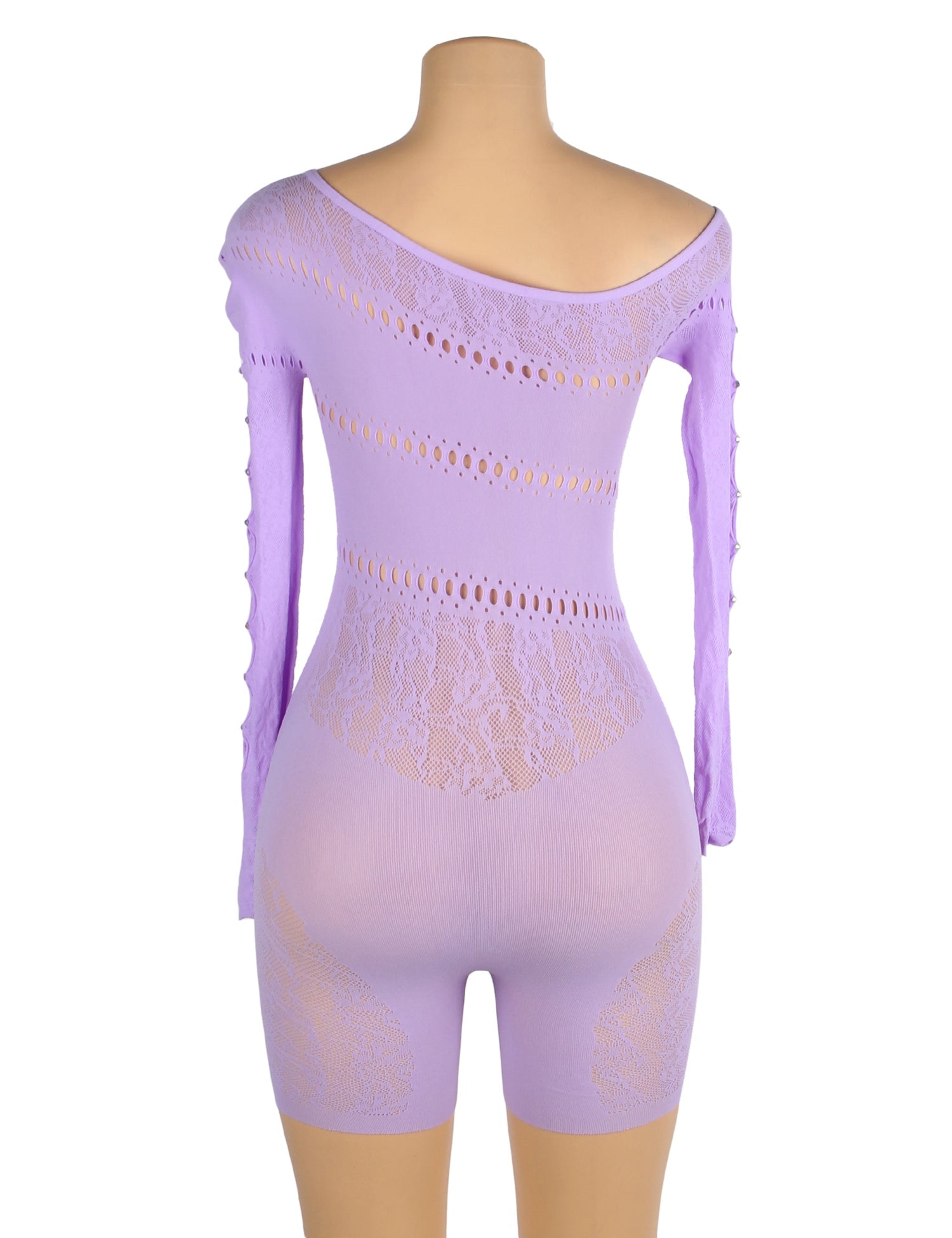 Purple Long-Sleeved One Shoulder Sexy Mesh Bodystocking