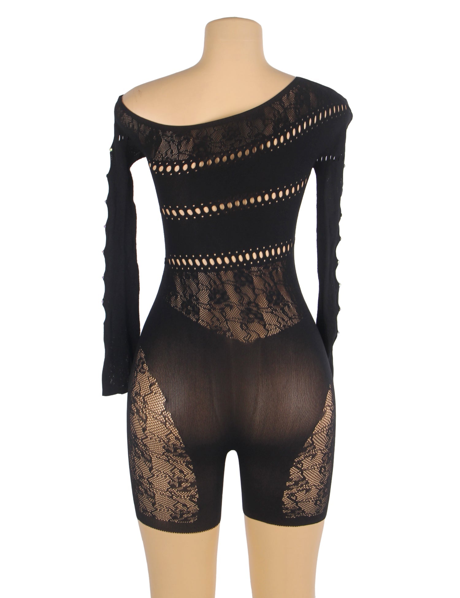 Black Long-Sleeved One Shoulder Sexy Mesh Bodystocking