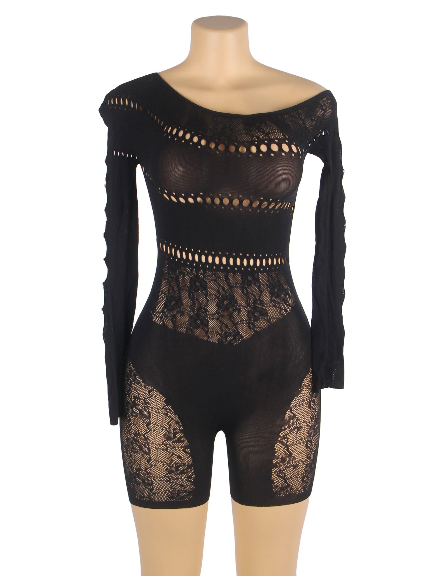Black Long-Sleeved One Shoulder Sexy Mesh Bodystocking