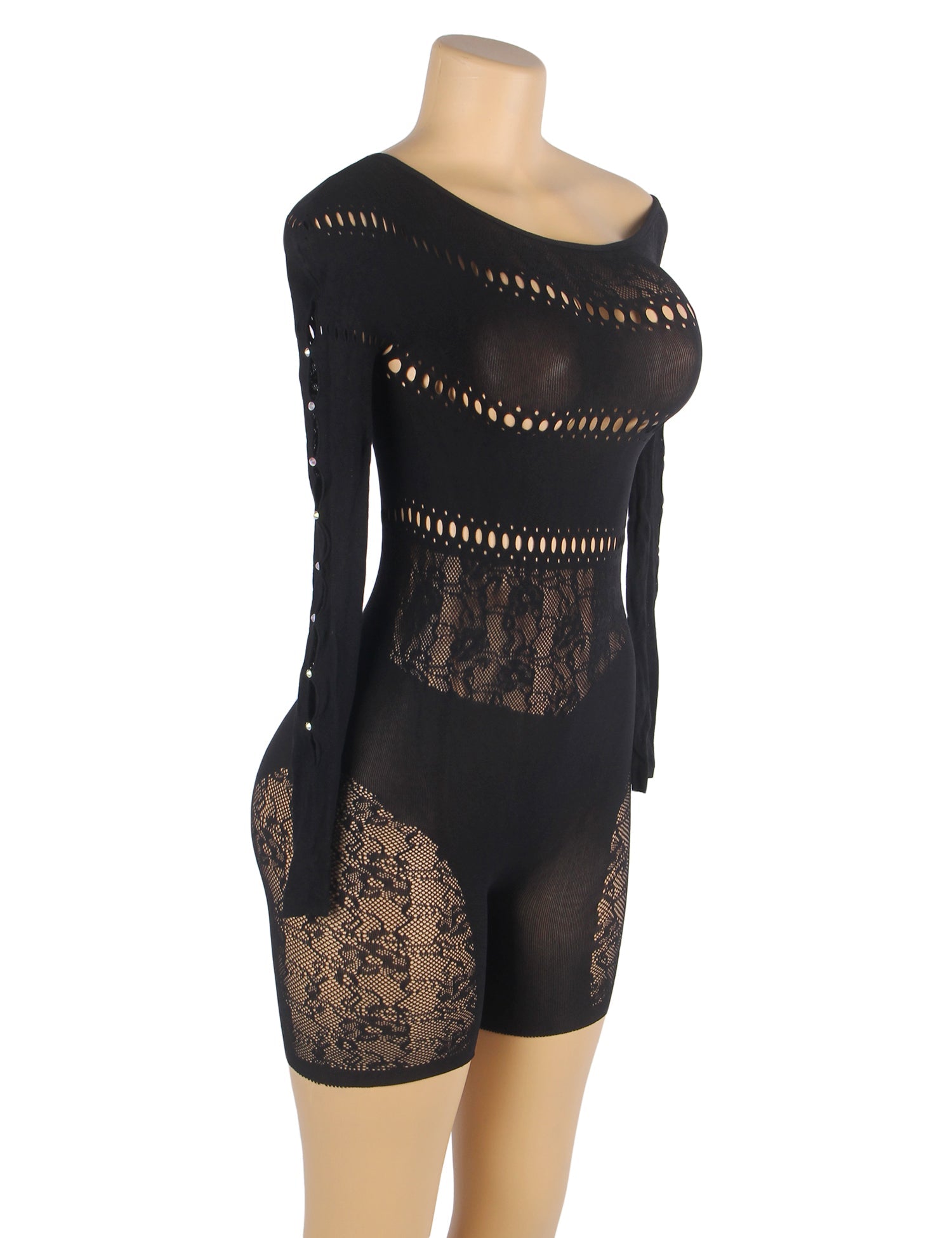 Black Long-Sleeved One Shoulder Sexy Mesh Bodystocking