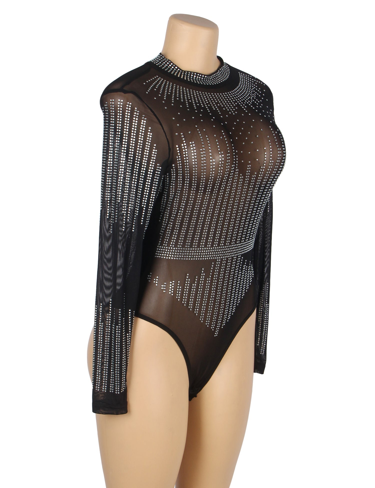 Schwarzer, langärmeliger, durchsichtiger Body aus Strass-Mesh