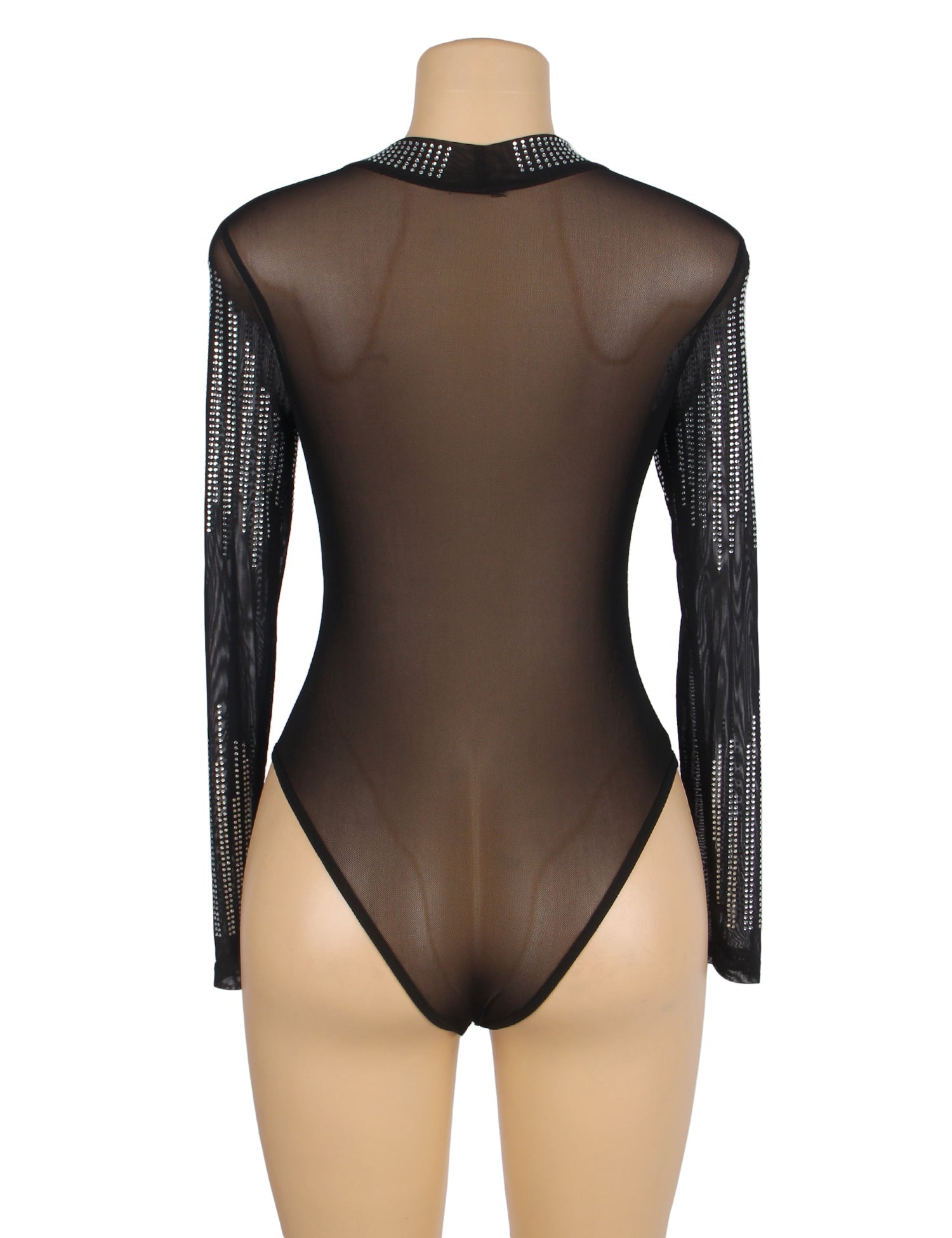 Schwarzer, langärmeliger, durchsichtiger Body aus Strass-Mesh