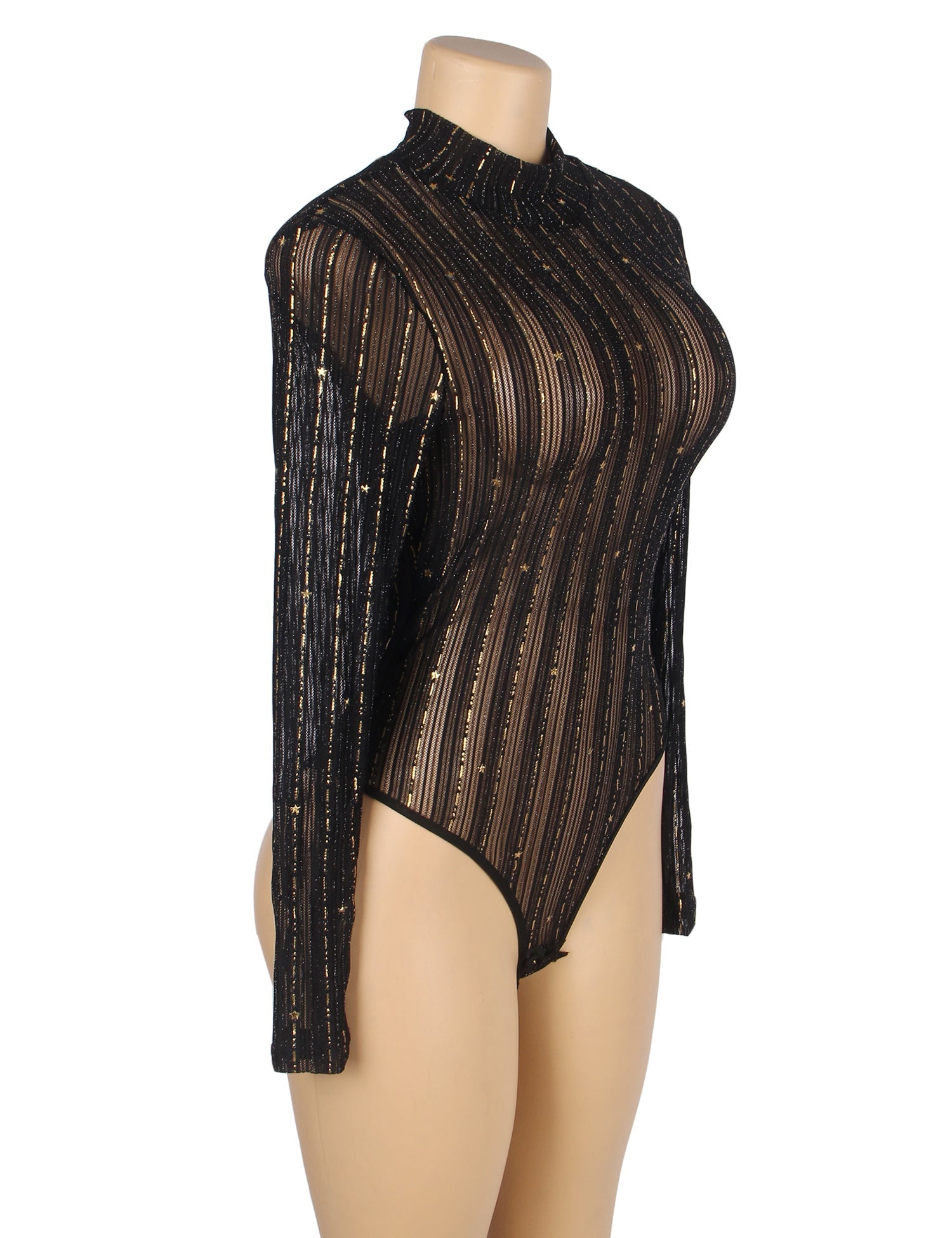 Black Long-Sleeved Bronzing Mesh See-Through Bodysuit