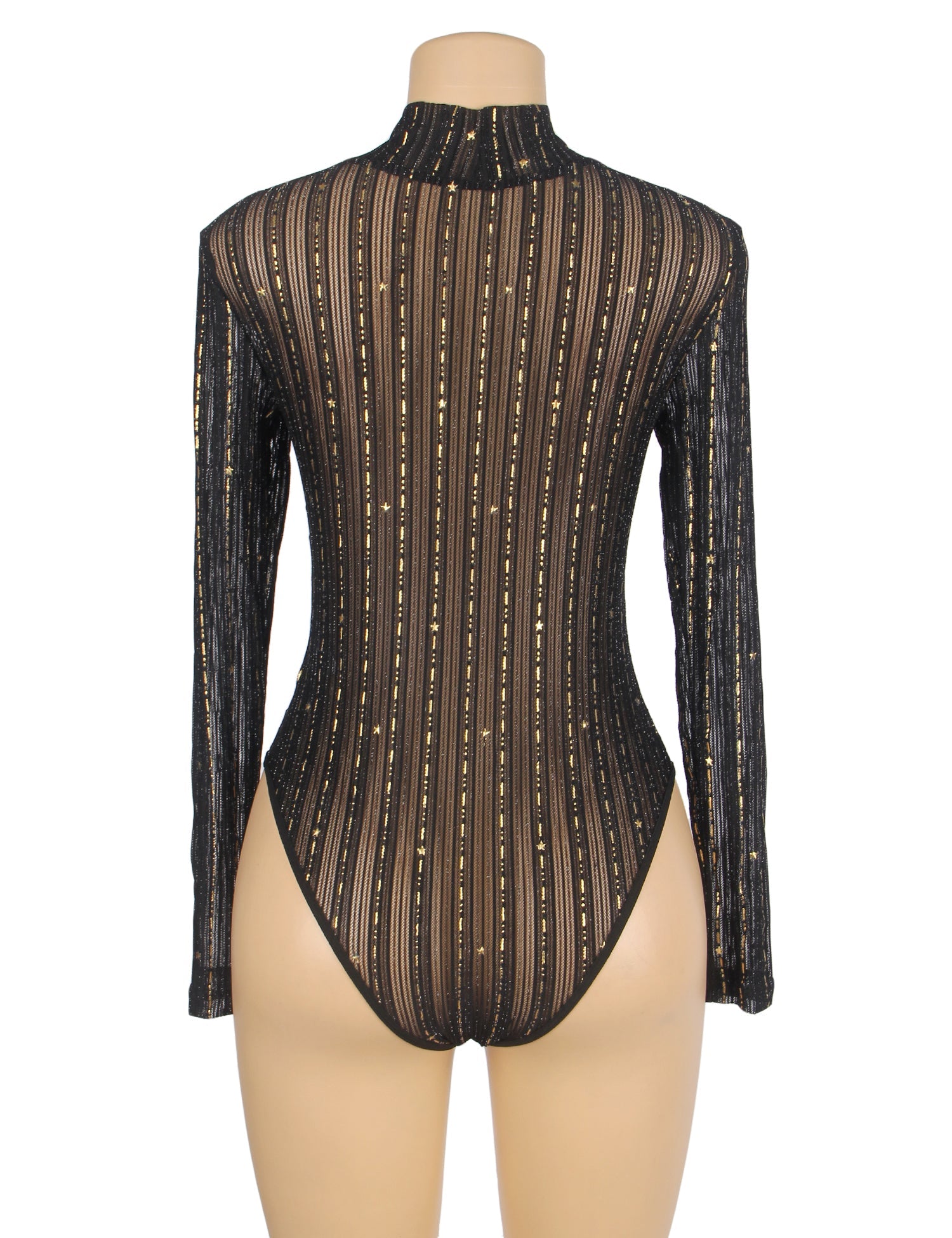 Black Long-Sleeved Bronzing Mesh See-Through Bodysuit