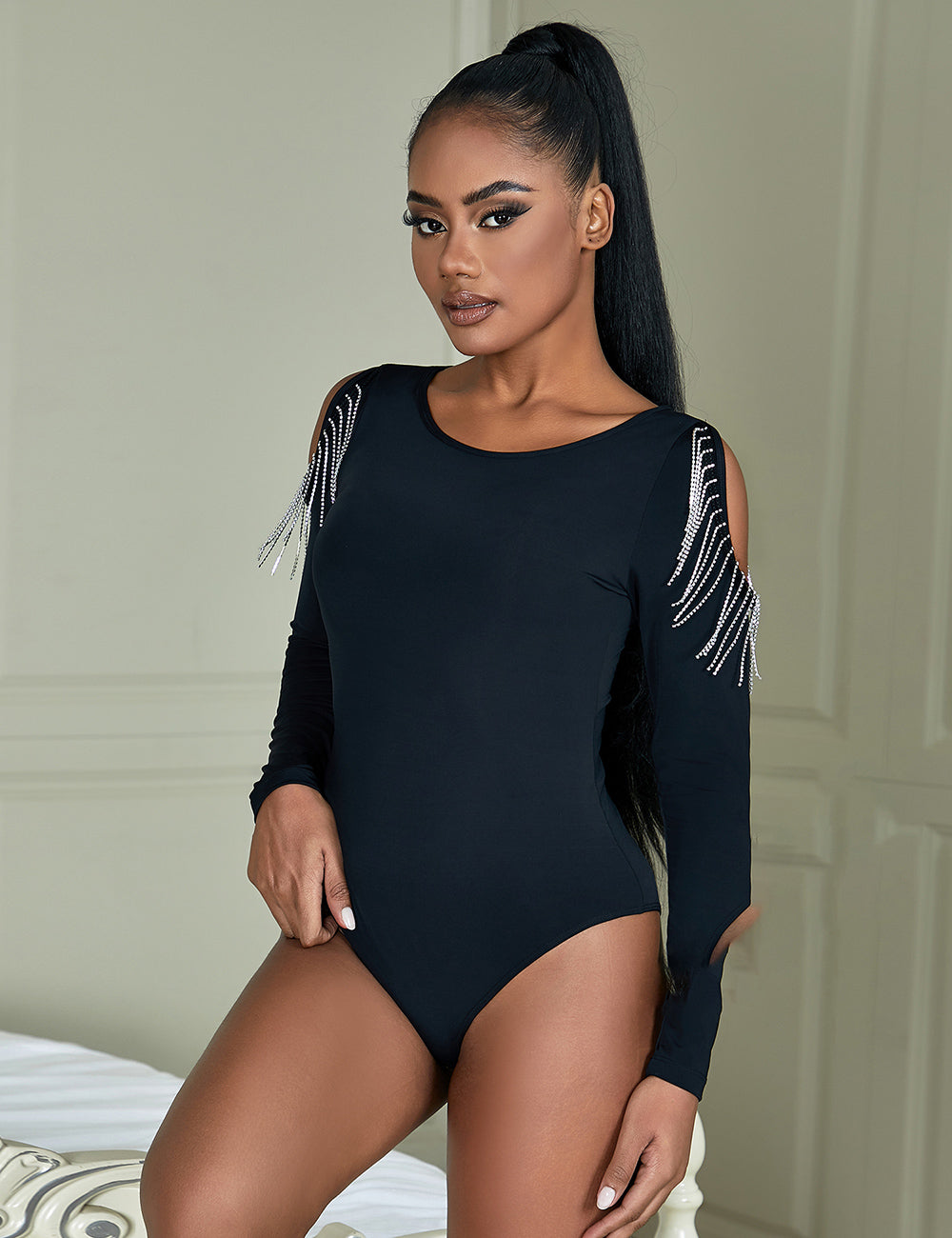 Black Diamond Chain Tassel Long Sleeve Bodysuit