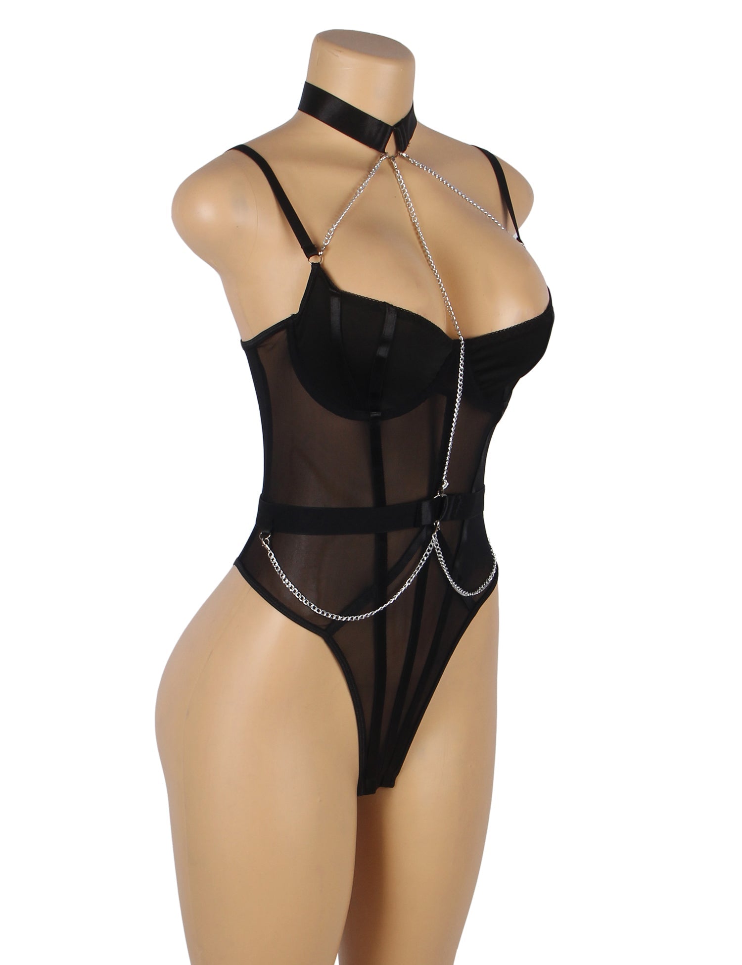 Black Mesh Chain Suspender Bodysuit