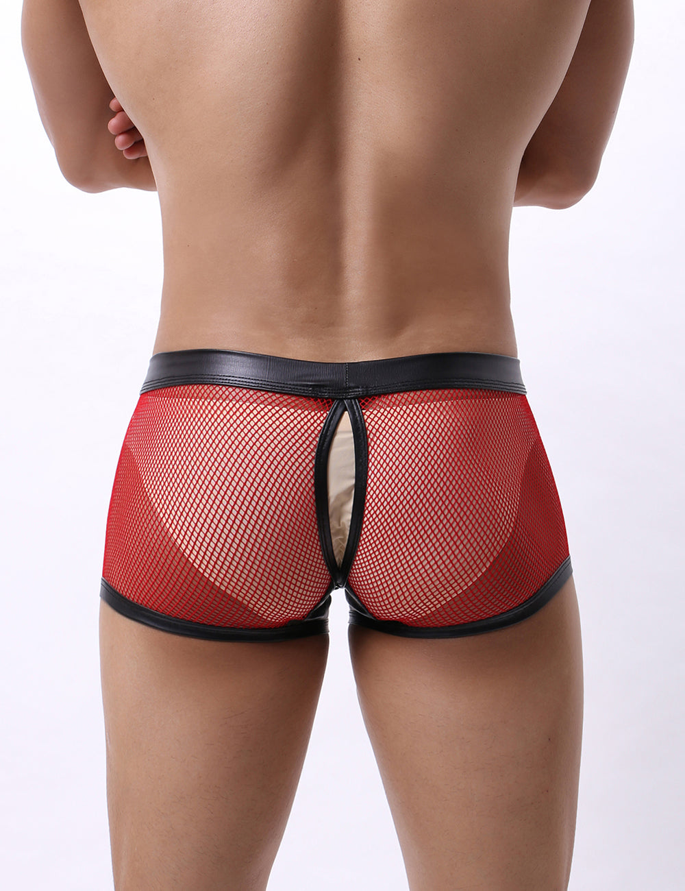 Red Sexy Mesh Openable Crotch Imitation Leather Men's Boxer Underwear