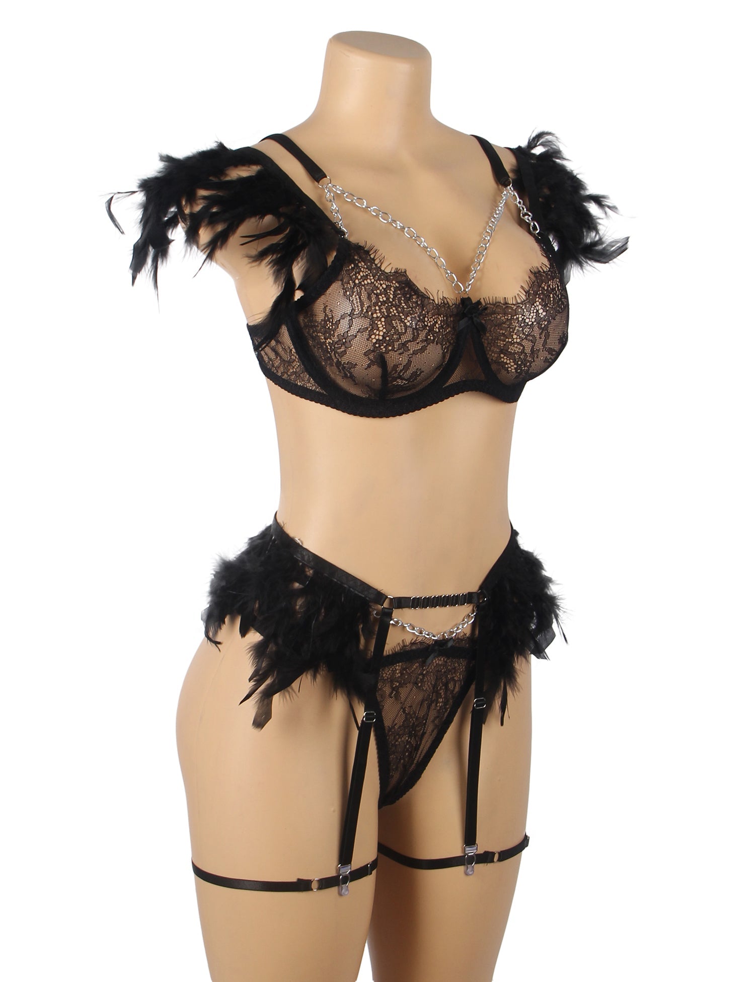 Black Feather Lace Chain Sexy Bra Set