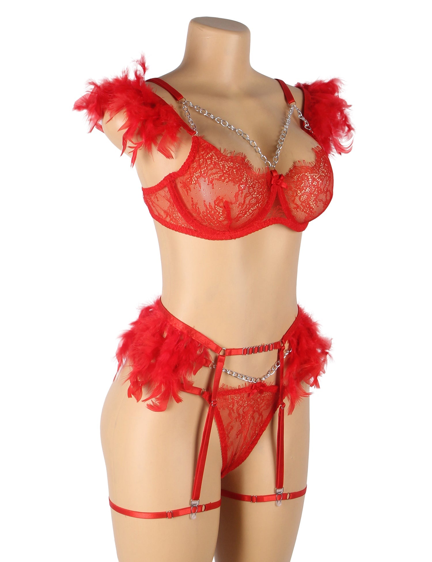 Red Feather Lace Chain Sexy Bra Set