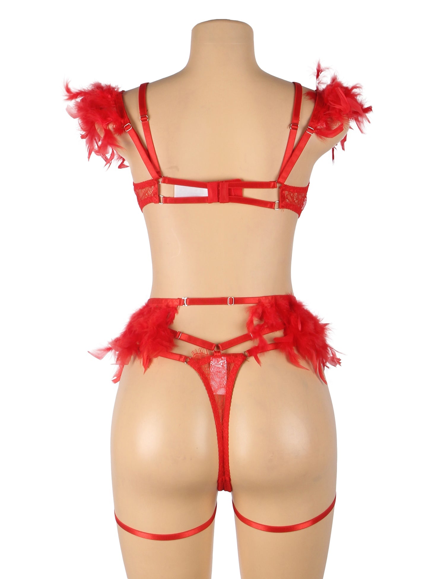 Red Feather Lace Chain Sexy Bra Set