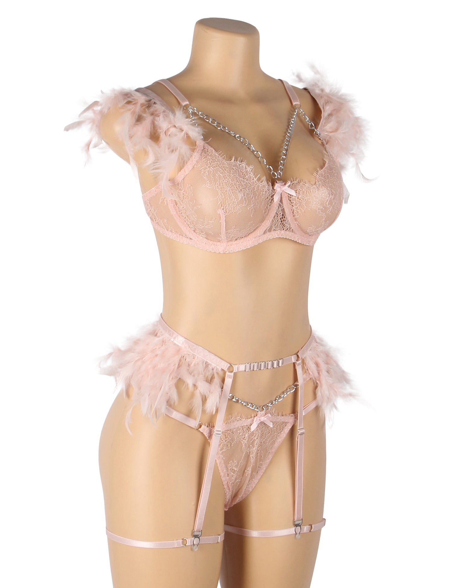 Pink Feather Lace Chain Sexy Bra Set