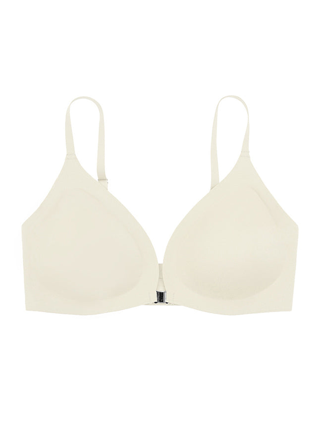 Beigefarbener, nahtloser Damen-BH mit Frontverschluss und herausnehmbaren Polstern.