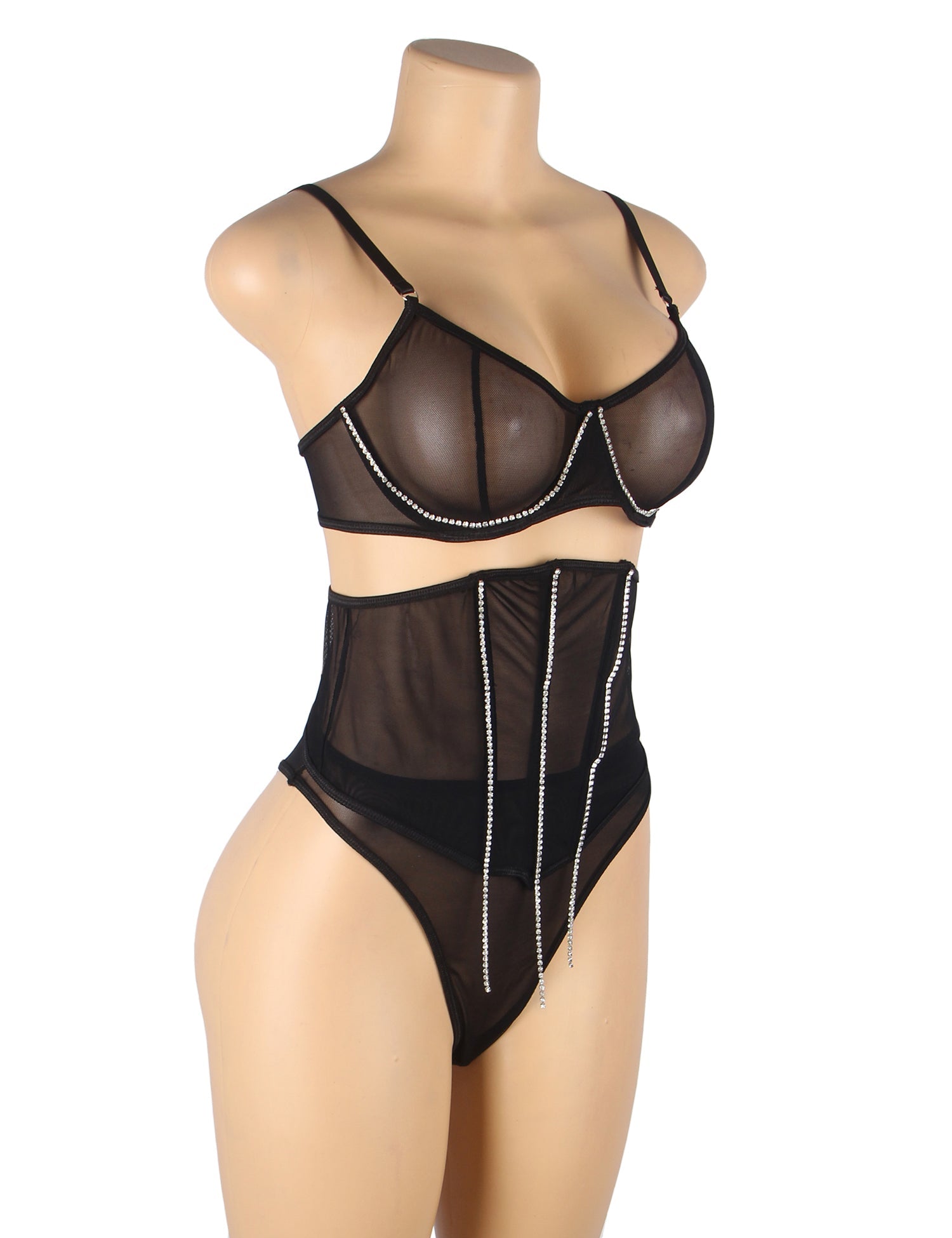 5 Bones Black Mesh Sexy Bra Set Stitching Diamond Chain