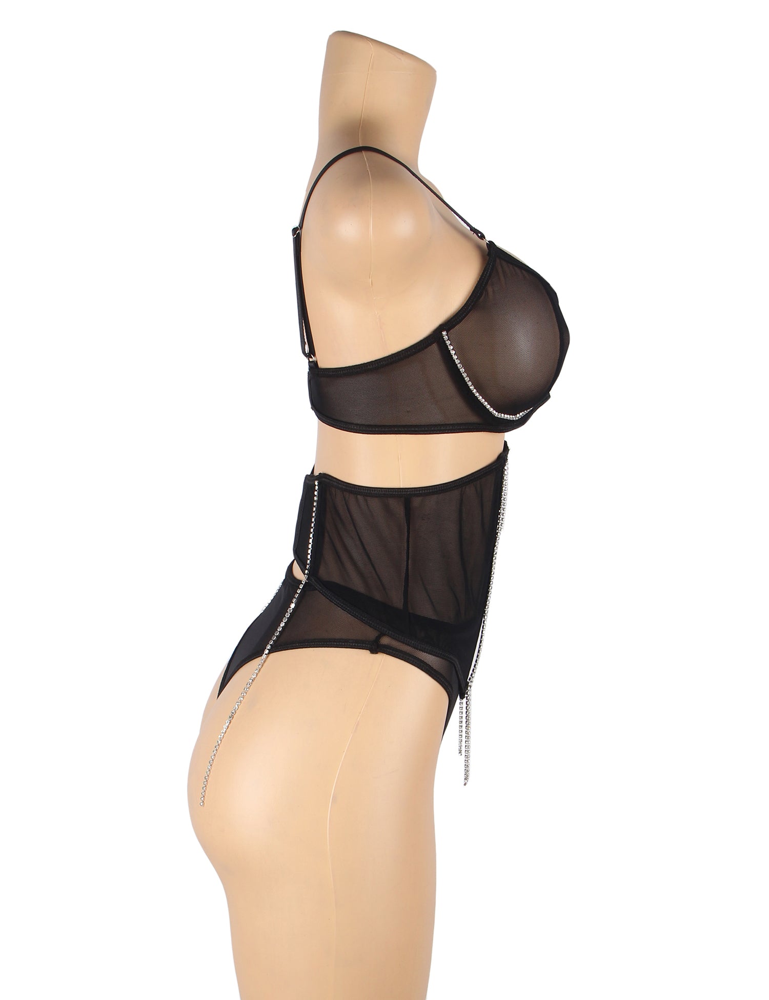 5 Bones Black Mesh Sexy Bra Set Stitching Diamond Chain