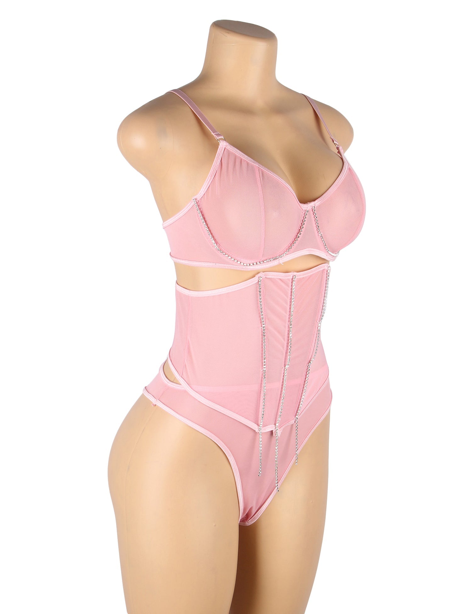 5 Bones Pink Mesh Sexy Bra Set Stitching Diamond Chain